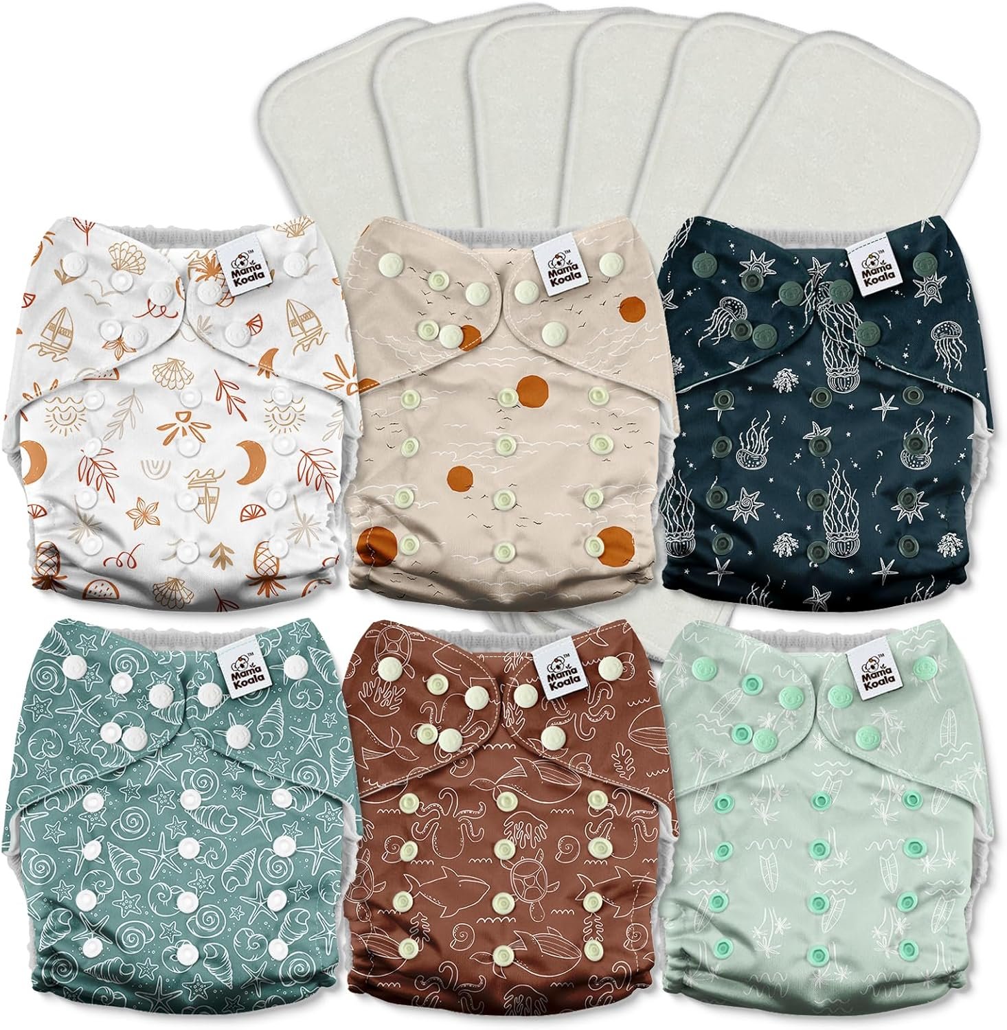 Mama Koala 3.0 Cloth Diapers for Babies with AWJ Lining, 6 Pack with 6 5-Layer Natural Cloth Diaper Inserts – Reusable and Washable Pocket Diapers(A-Seashore)
