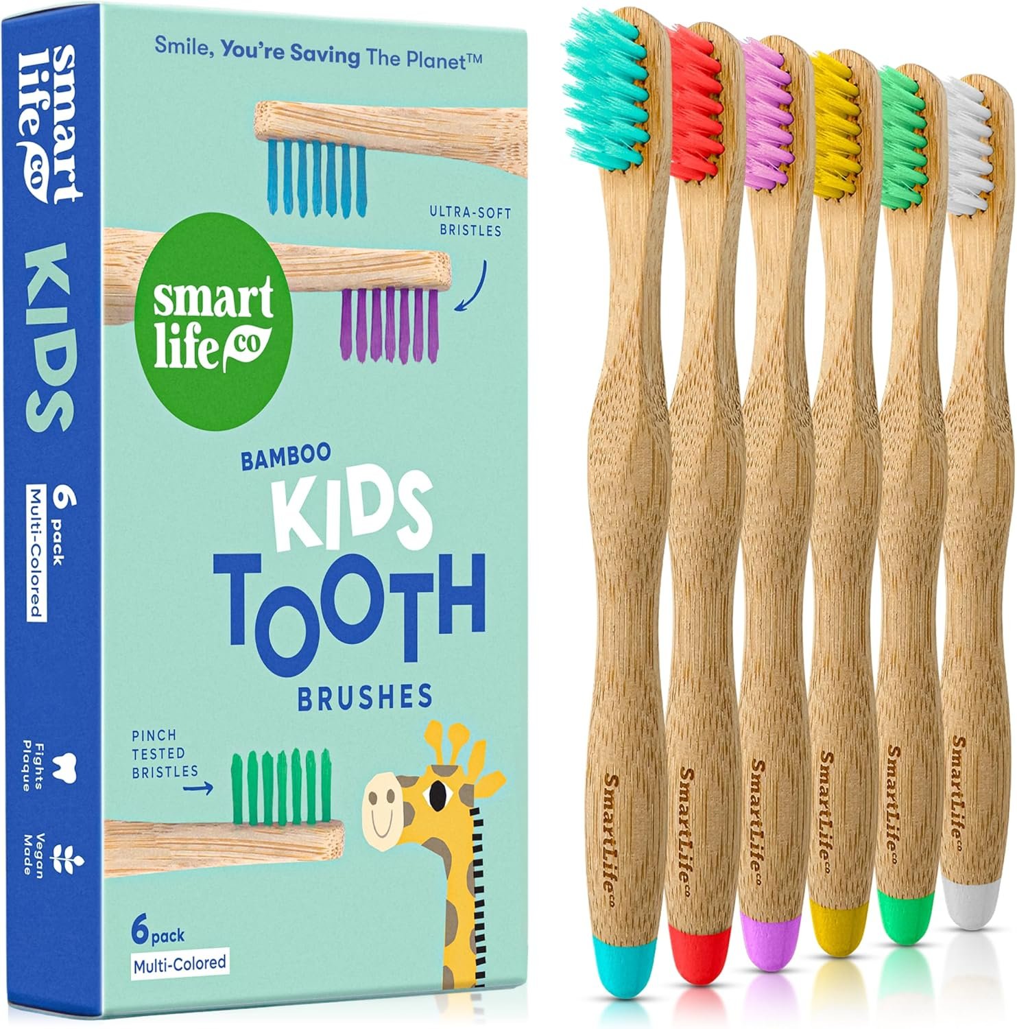 SmartLifeco Kids Bamboo Toothbrushes (6 Pack) – Extra Soft Bristles for Toddlers Teeth | Zero Waste Tooth Brushes for Children | Natural Wooden Child Size Handle | BPA Free, Eco-Friendly