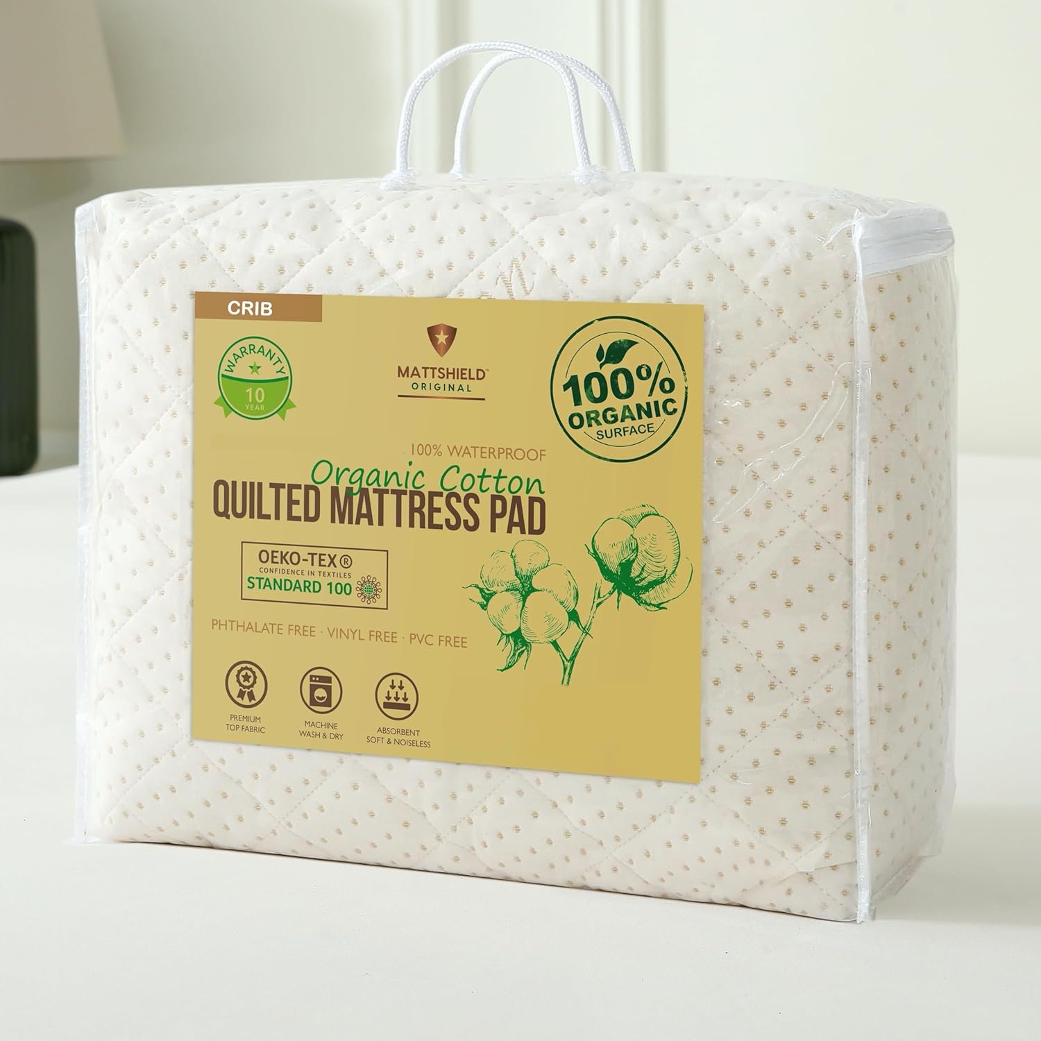 Crib Luxury Quilted Organic Mattress Protector Pad – Certified Organic Cotton, Waterproof Skin-Friendly Breathable Mattress Cover – Premium 380 GSM Comfort – Jersey Cotton Skirt
