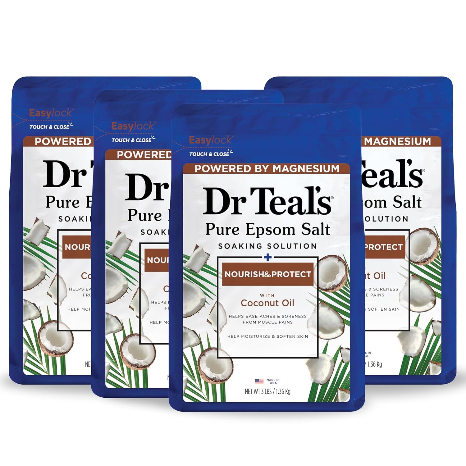 Dr Teal’s Epsom Salt Magnesium Soak, Nourish & Protect with Coconut Oil, 3 lbs (Pack of 4)