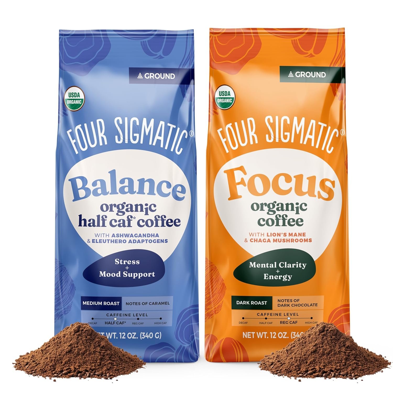 Four Sigmatic Focus + Balance Mushroom Coffee Bundle | Organic Ground Coffee with Lion’s Mane Mushroom and Organic Coffee with Ashwagandha, Chaga Mushroom, Eleuthero and Tulsi | 12oz Bags