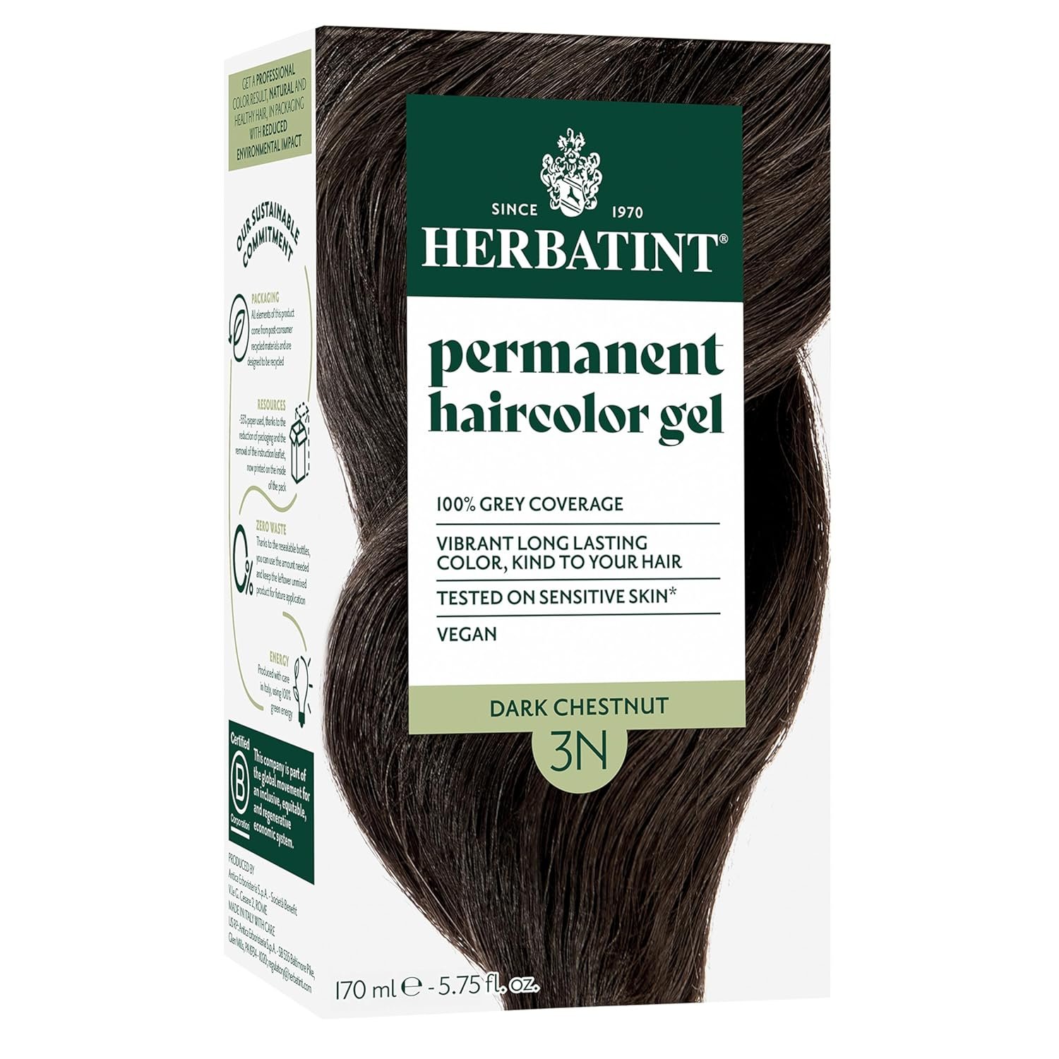Herbatint Permanent Hair Dye For Women – 3N Dark Chestnut – For Up To 100% Gray Coverage of Resistant Gray Hair – Ammonia-Free, Alcohol-Free & Vegan – Salon Influenced Hair color 5.75 fl oz