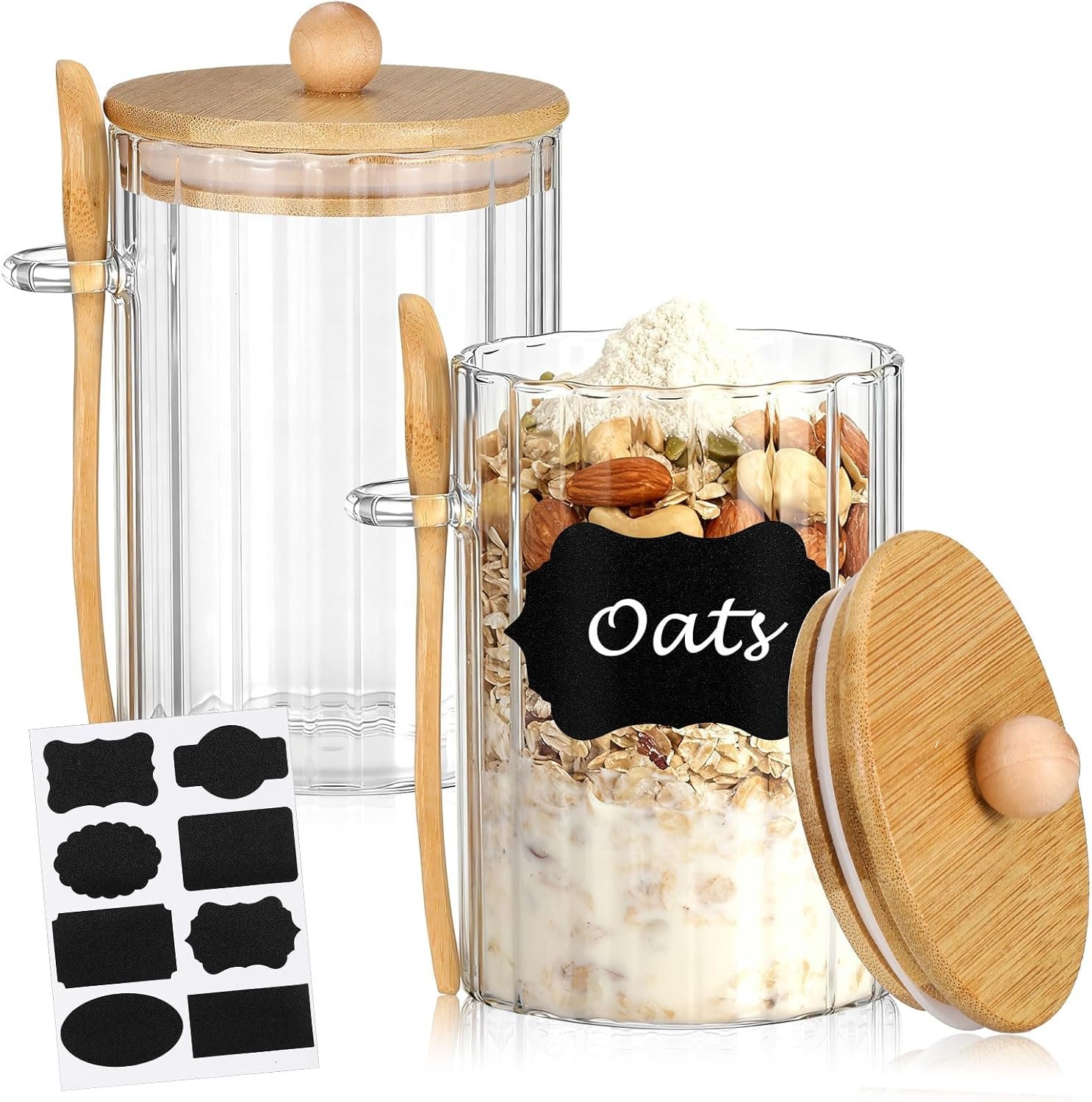2 Sets Large Airtight Glass Jar 25 oz Overnight Oats Containers with Bamboo Lids Spoons Oatmeal Container Decorative Food Storage Jar for Cereal Coffee Tea Flour Sugar Spice