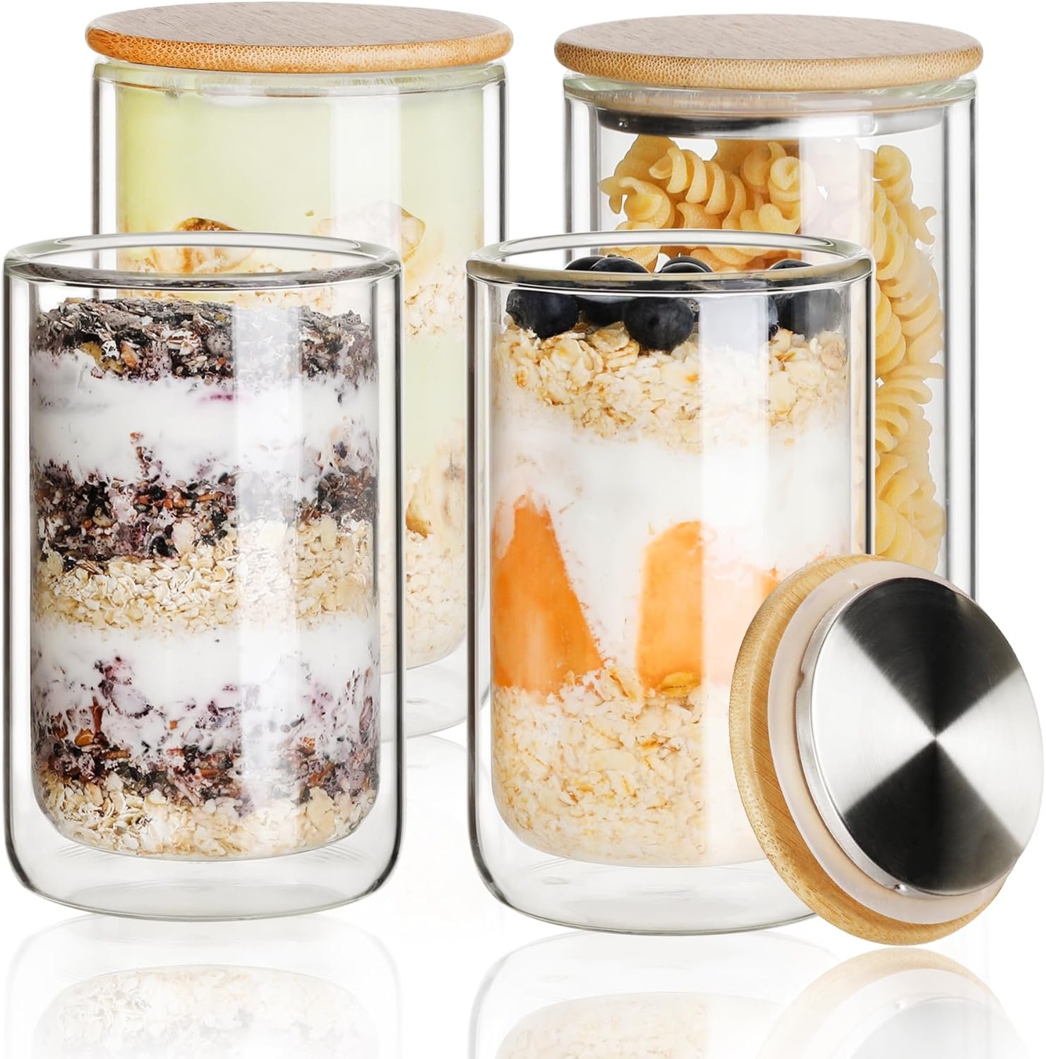 LIBWYS 4 Pack Overnight Oats Containers with Bamboo & Stainless Steel Lids, 15oz Meal Prep Jars – Double Walled High Borosilicate Glass jars for Overnight Oats, Chia Pudding， Salad