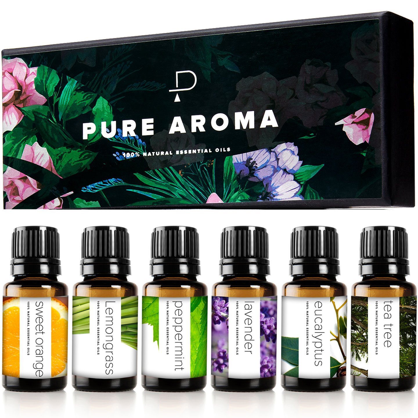 Essential Oils Set by Pure Aroma – Top 6 Aromatherapy Oils Gift Set-6 Pack, 10ml (Eucalyptus, Lavender, Lemongrass, Sweet Orange, Peppermint, Tea Tree)