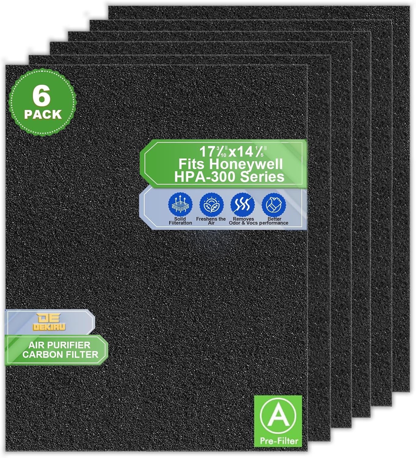Dekiru Activated Carbon Filter Precut for HPA300 Prefilter Compatible with Honeywell Air Purifier Filter Replacement, Fit for Easy Installation Advanced Filters (6 Pack)