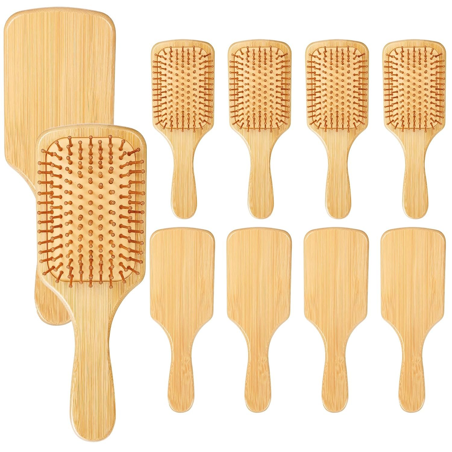 10 Pcs Bamboo Hair Brush, Bulk Round-tipped Bamboo Bristles Detangling Brush Paddle Mini Wood Hairbrushes, Lightweight Massage Anti Static for Women Men, Stimulates Scalp for Hair Growth, 9.84 × 3.4”