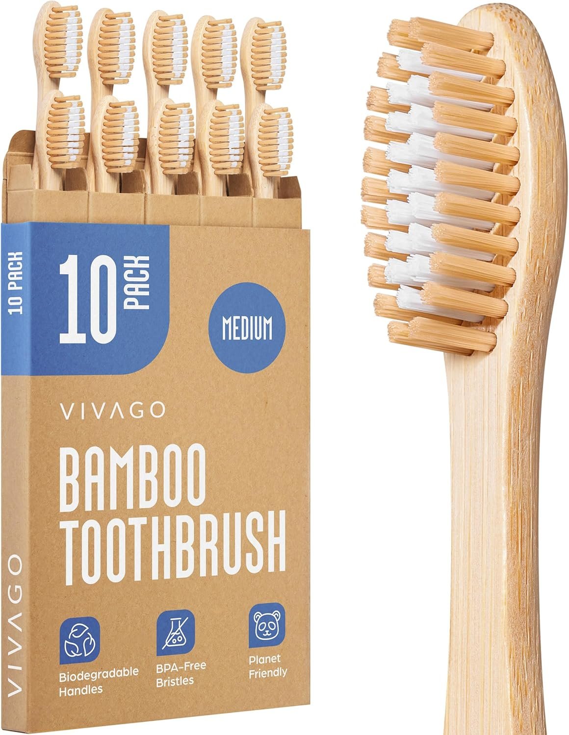 Bamboo Toothbrushes Medium Bristles 10 Pack – BPA Free Medium Bristles Toothbrushes for Adults – Eco-Friendly, Natural Wooden Toothbrush