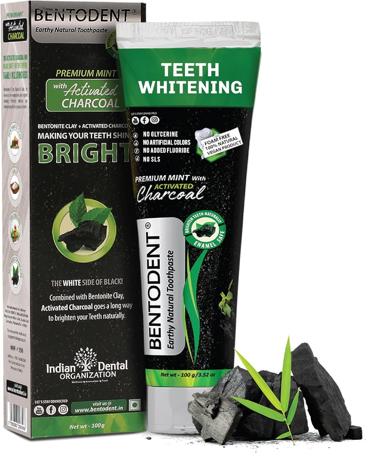 BENTODENT TOOTHPASTE Teeth Whitening Bentonite Clay & Activated Charcoal Toothpaste – Natural Teeth Whitening Toothpaste, No Fluoride & No SLS Vegan, 3.52 oz