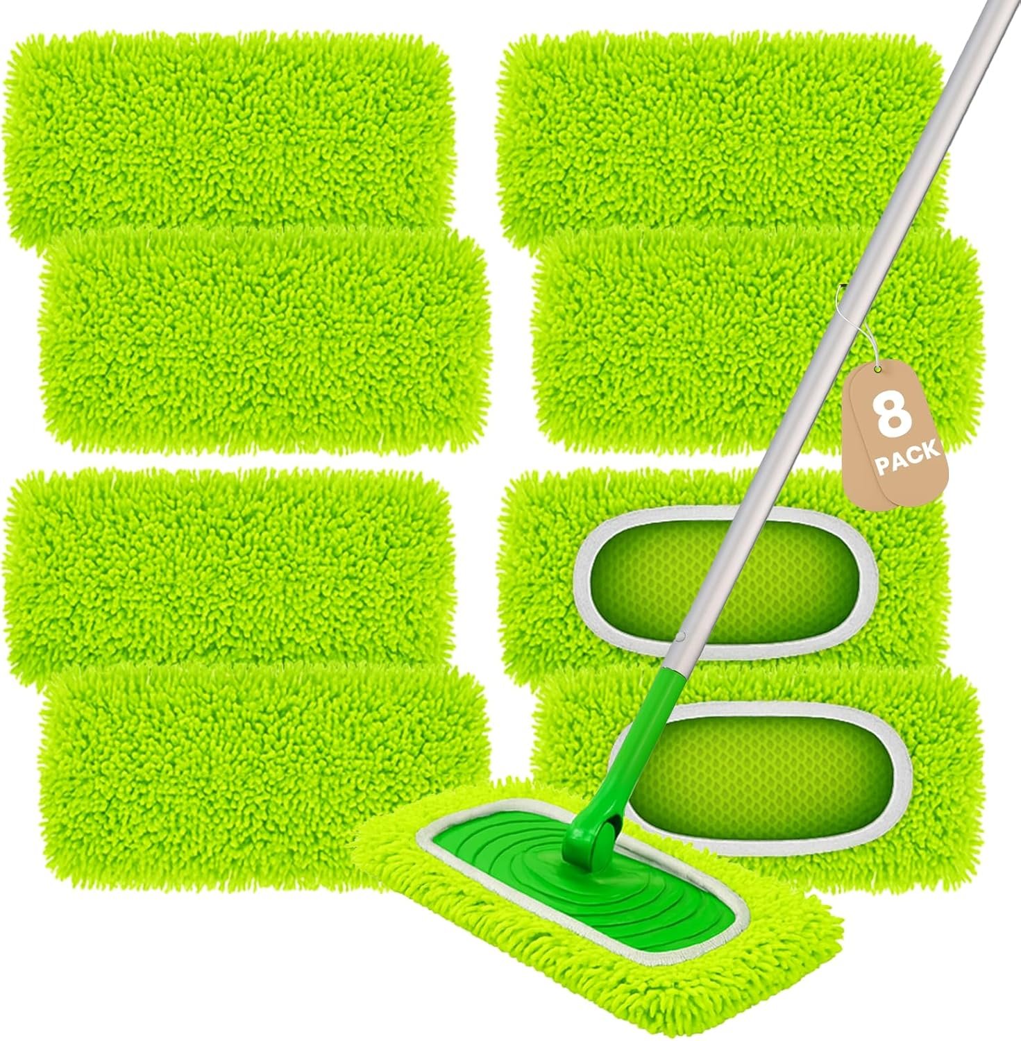 8 Pack Chenille Mop Pads, Reusable Microfiber Mop Refills for 10”–12” Flat Mops, Washable Wet & Dry Floor Pads for Hardwood, Tile, Compatible with Swiffer Sweeper