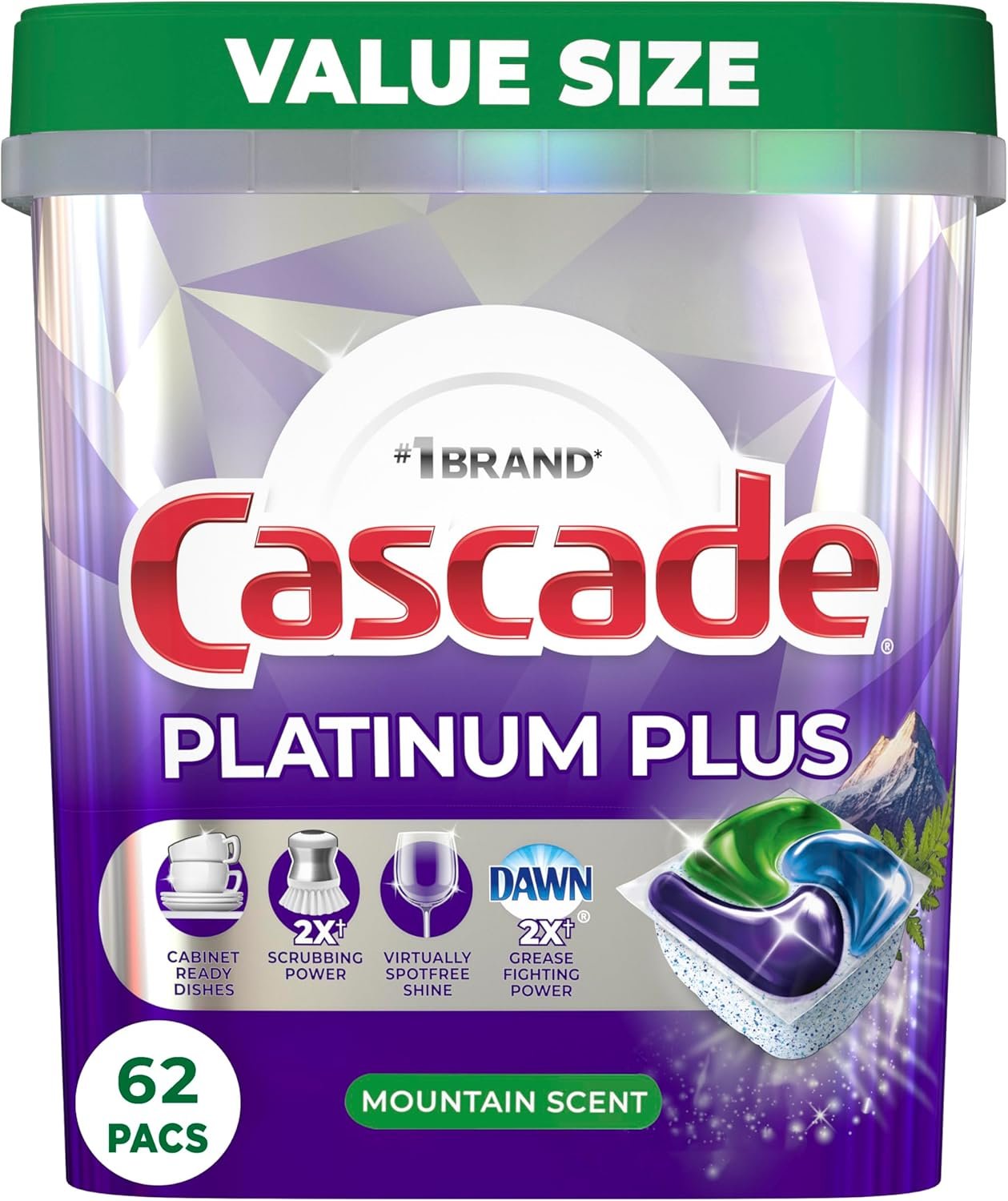 Cascade Platinum Plus ActionPacs Dishwasher Detergent Pods, Dishwasher Soap, Cleaning Supplies, Mountain, 62 Count