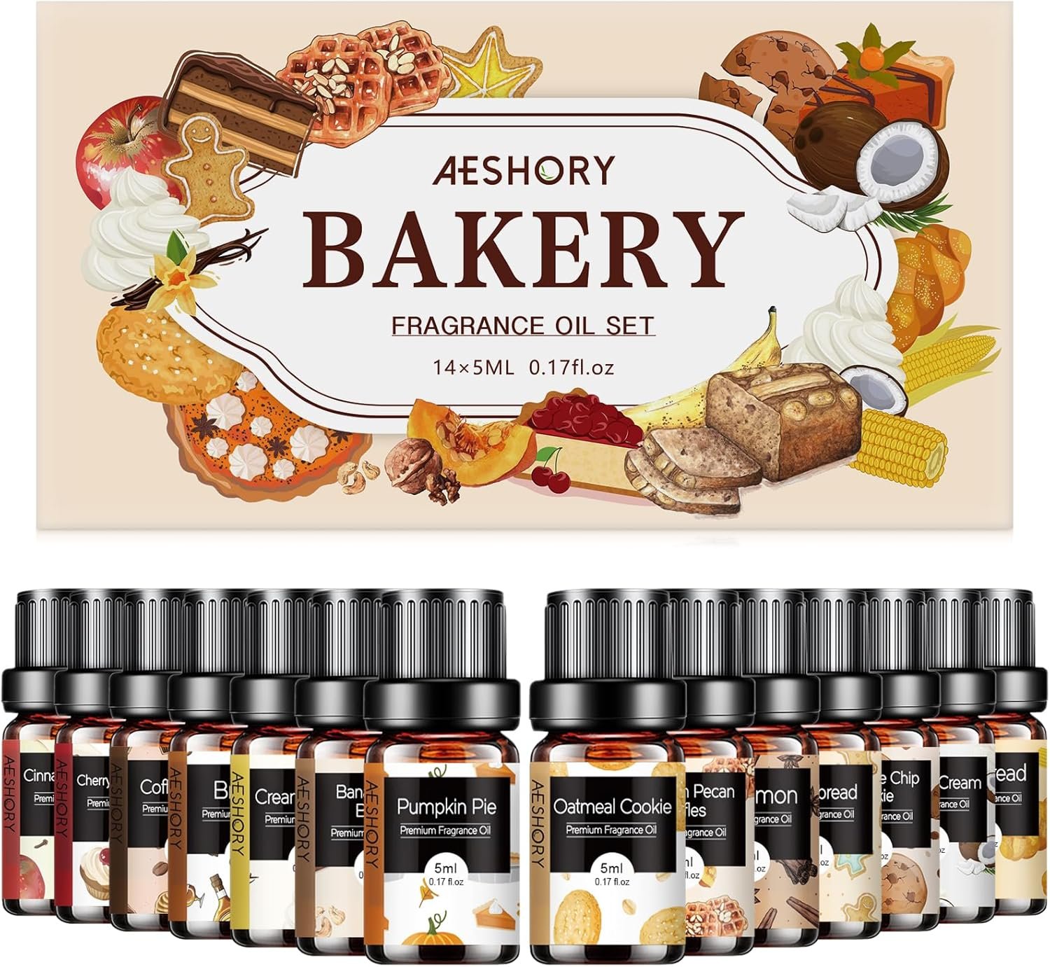 Bakery Essential Oils Set – Fragrance Oil for Diffusers, Candle Making – Pumpkin Pie, Coffee Cake, Oatmeal Cookie, Gingerbread, Cinnamon Apple Aromatherapy Scented Oils (5ml)