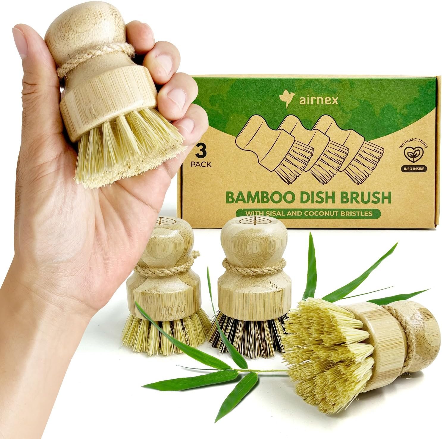 Bamboo Dish Brush Set of 3 – Natural Wooden Dish Scrubber w/Medium Stiff Sisal & Coconut Bristles – Kitchen Scrub Brush for Dishes, Pots & Pans – Plastic Free, Non Scratch Bristles