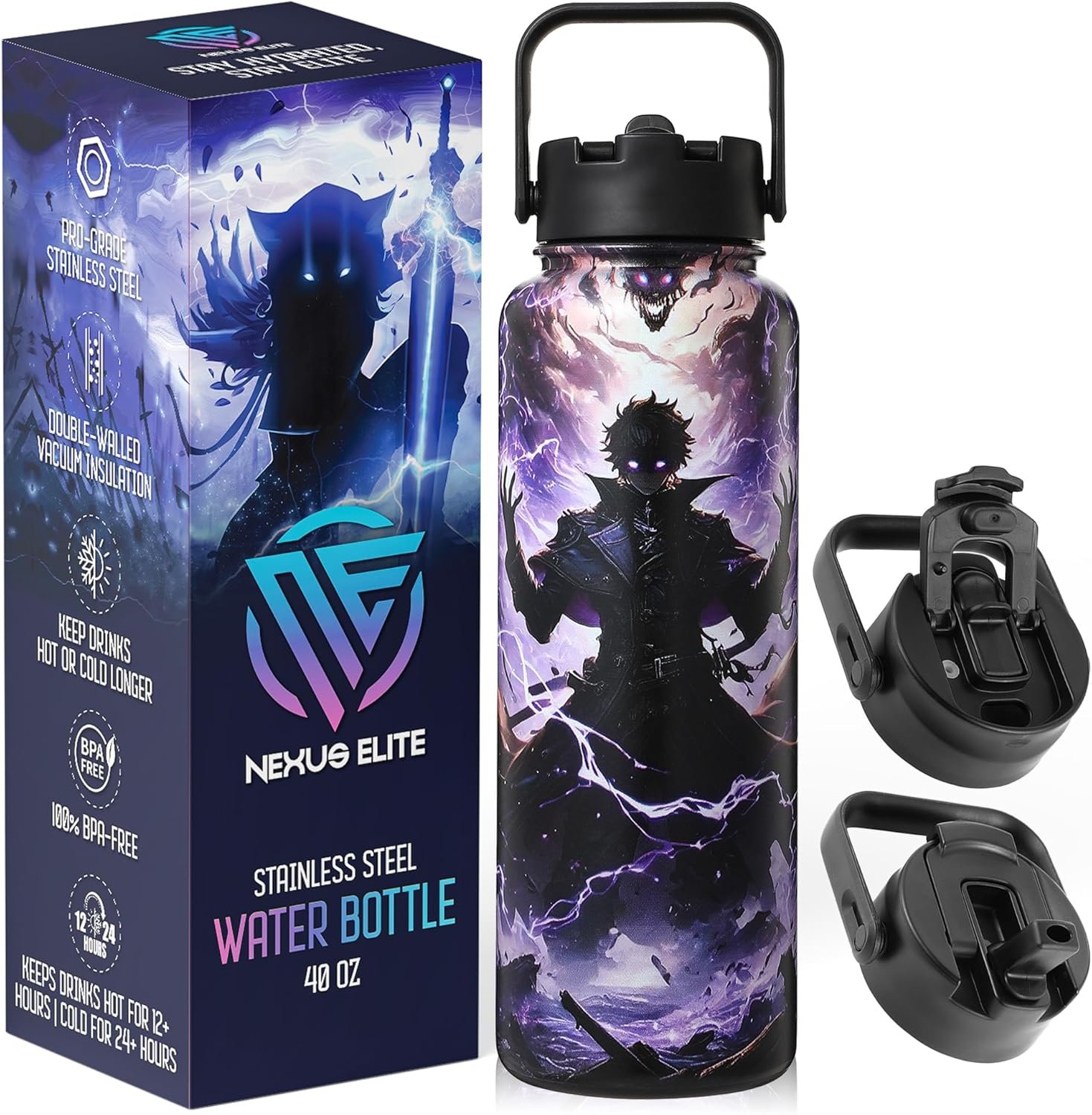 Insulated Water Bottle 40 oz –Hot and Cold Coffee Travel Drinks, Leakproof Sports Gaming & Gym Bottles, Large and Small Reusable Stainless Steel Flask with Straw – Dark Realm Awakening