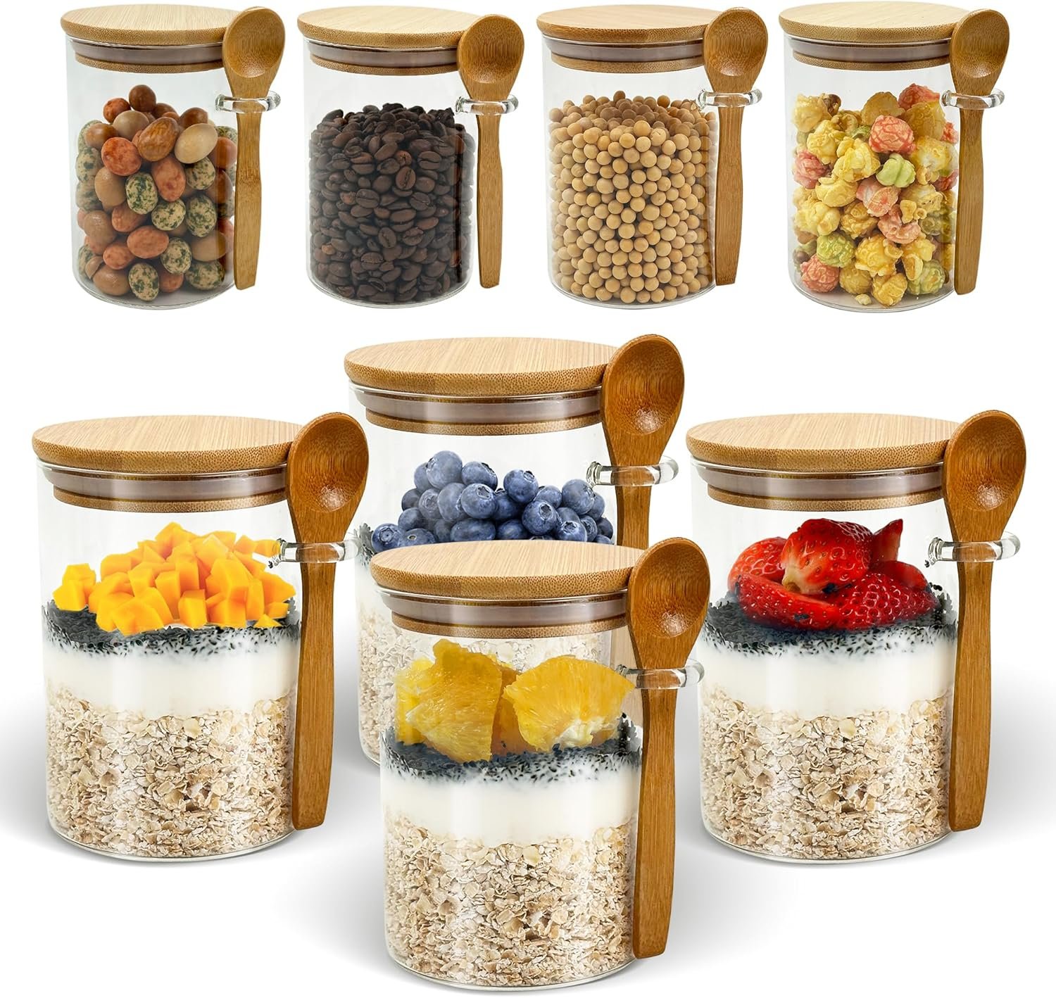 Overnight Oats Containers with Lids, 8 Pack 17oz Glass Yogurt Jars with Bamboo Spoon, Chia Pudding Containers for Salad, Cereal Coffee, Flour