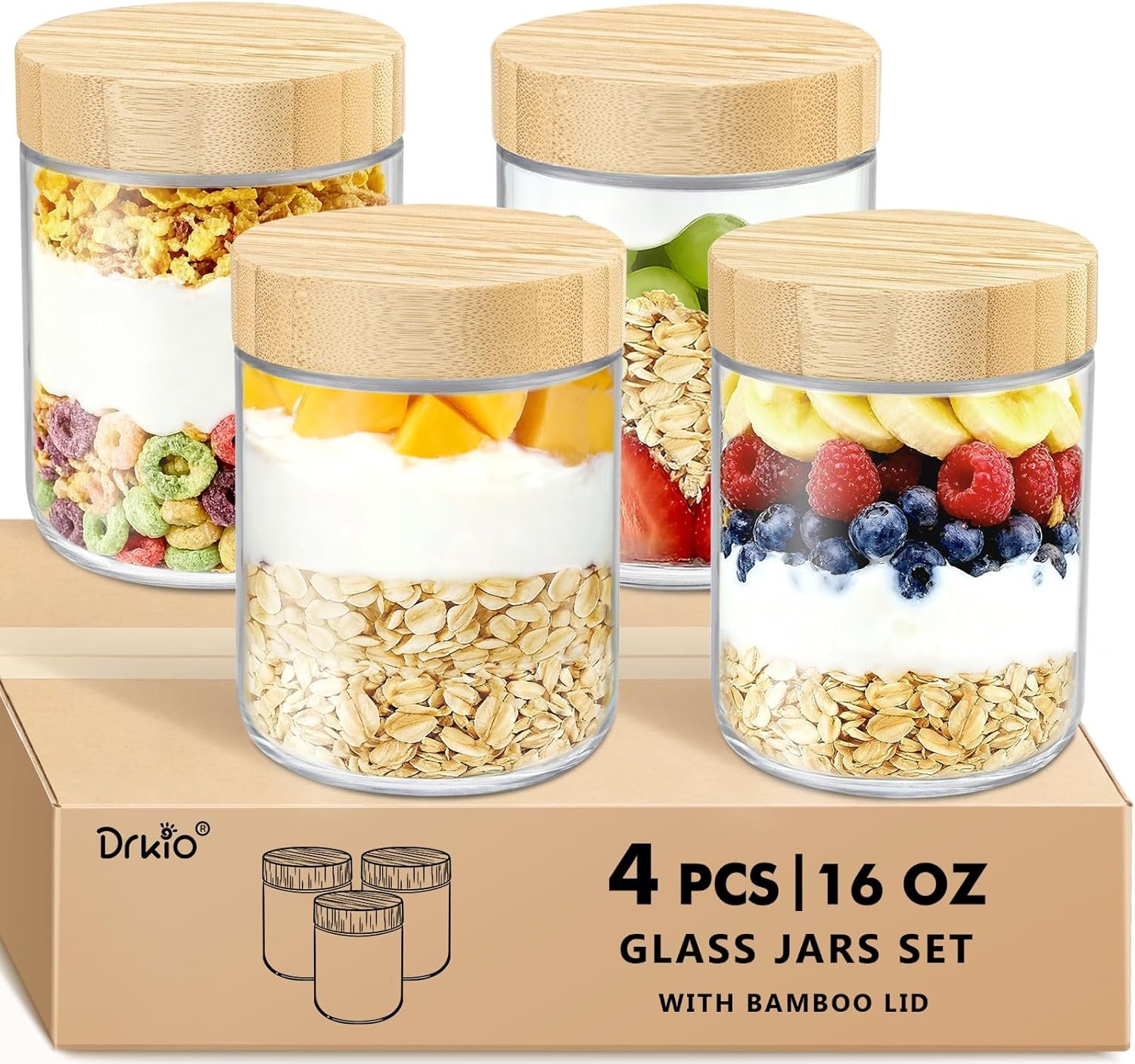 DRKIO 16 Oz Overnight Oats Containers with Bamboo Lids – 4 Pack Glass Storage Jars with Airtight Lids Wide Mouth Mason Food Jars Great for Meal Prep Salad Chia Pudding Snacks Yogurt Sugar Spice Cereal