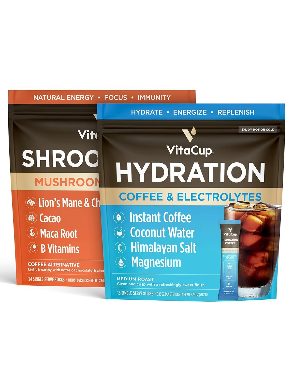 VitaCup Shroom Fuel, Mushroom Coffee Alternative Packets 24ct, w/Cacao, Cinnamon, Chaga, Lions Mane, & Maca + Hydration Coffee Packets 18ct, Coffee That Hydrates You w/Electrolytes, Coconut Water, P