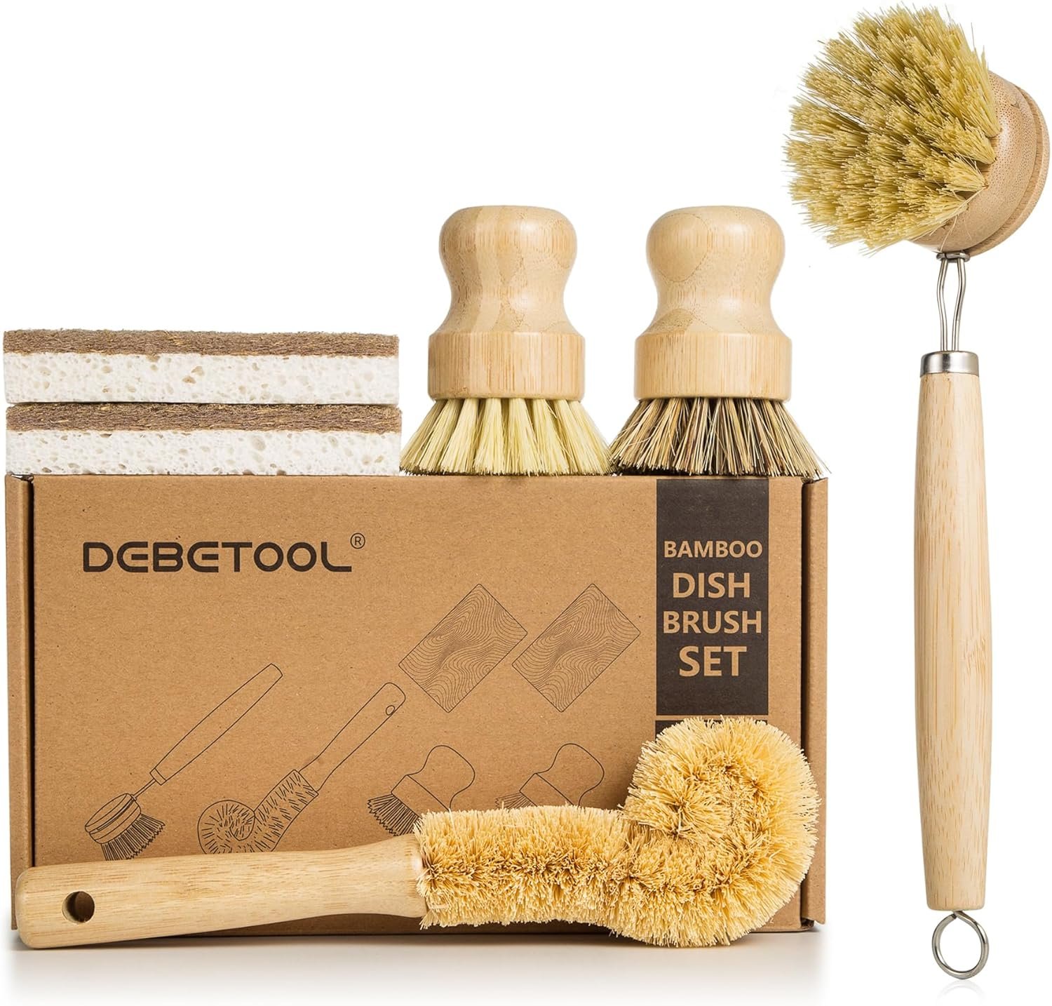 6 Piece Bamboo Dish Brush Set with Coconut Sponge – Wooden Dish Brush with Sisal and Palm Fiber, Natural Bamboo Dish Scrub Brush for Kitchen Cleaning Dishes, Pots, Pans, Bottles, Vegetables