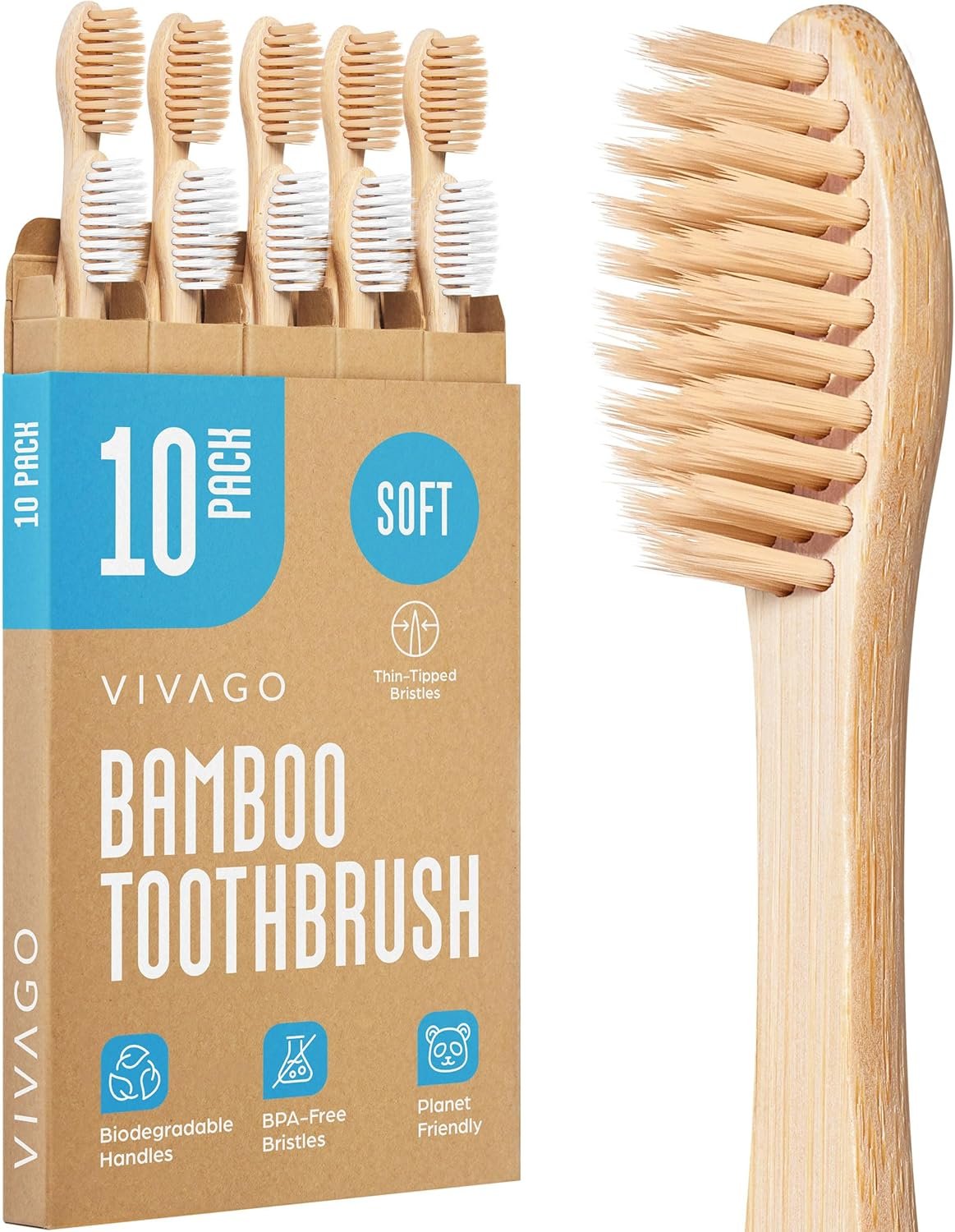 Soft Flossing Bamboo Toothbrushes 10 Pack – BPA Free Soft Bristles Toothbrushes for Adults, Natural Wooden Toothbrush