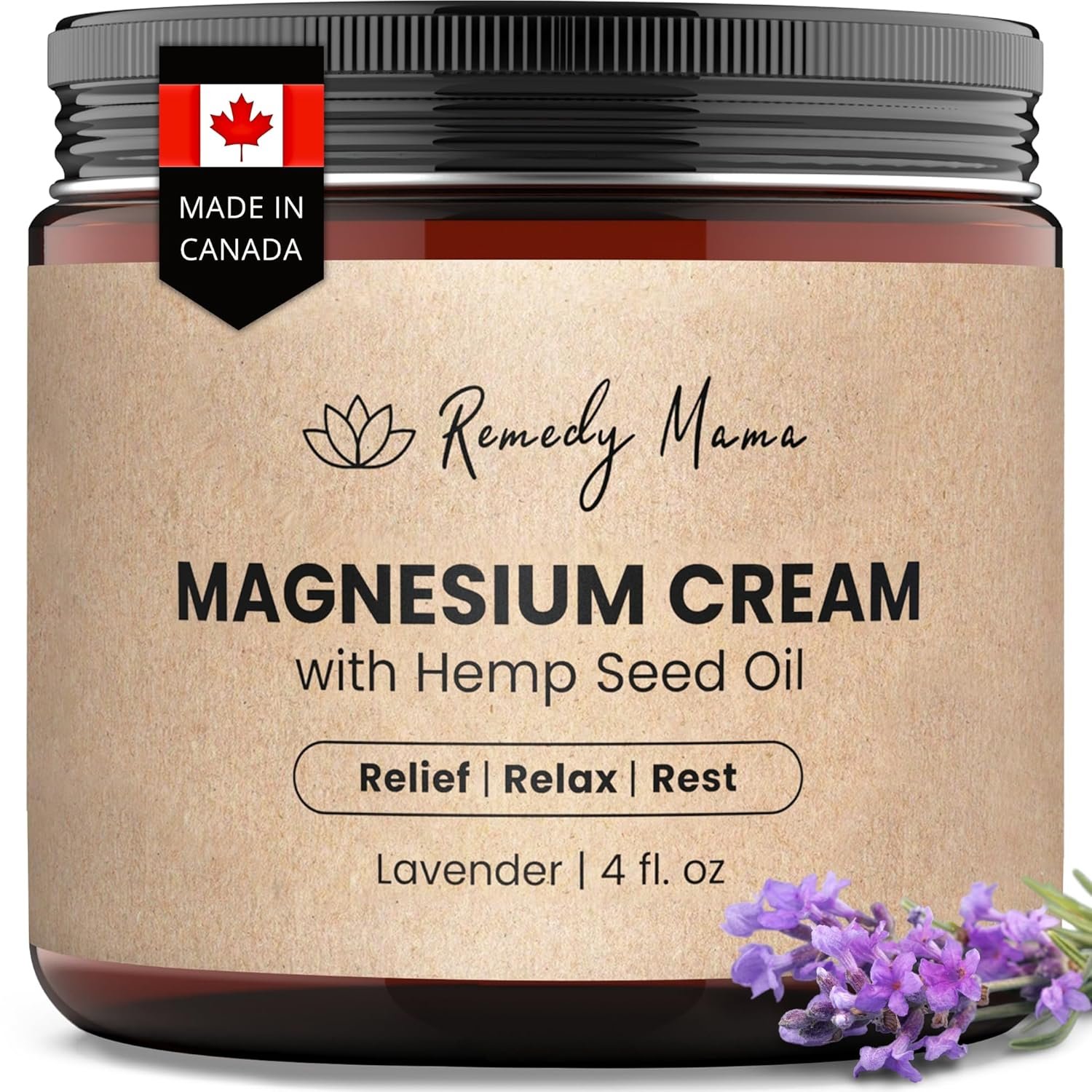 Magnesium Cream for Sleep, Cramps & Muscle Soreness – with Hemp Seed Oil, Jojoba, Shea & Mango Butter – Natural, Skin-Friendly & Safe for Kids – Lavender – 4oz Glass Jar – Made in Canada