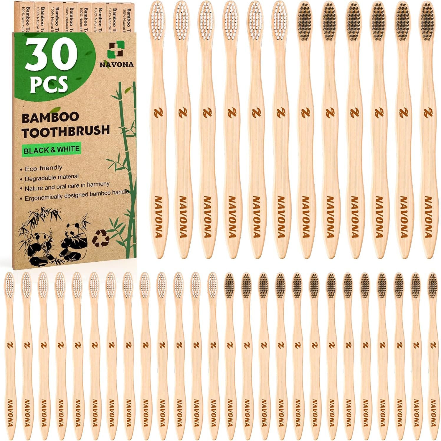 Navona 30 PCS Bamboo Toothbrushes Pack, BPA Free Medium Soft Bristles Toothbrushes for Adults, Eco-Friendly Natural Wooden Toothbrush Bulk, Box of Two Reusable Travel Toothbrush
