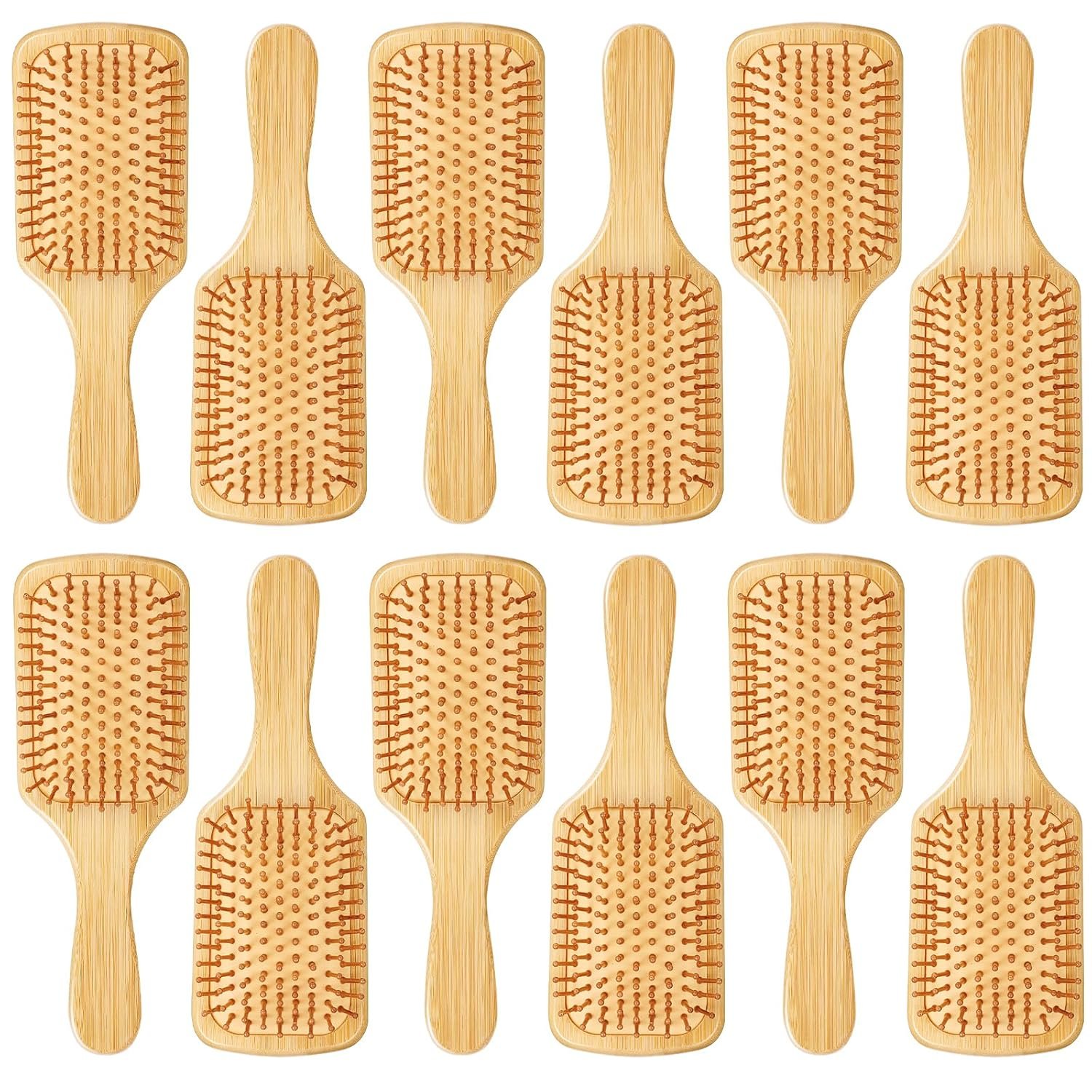 12 Pcs Bamboo Hair Brush, Bulk Wooden Paddle Brush for Women Round-tipped Bamboo Bristles, Detangling Brushes Lightweight Scalp Massage Anti Static for Women Men (9.84” × 3.4”)