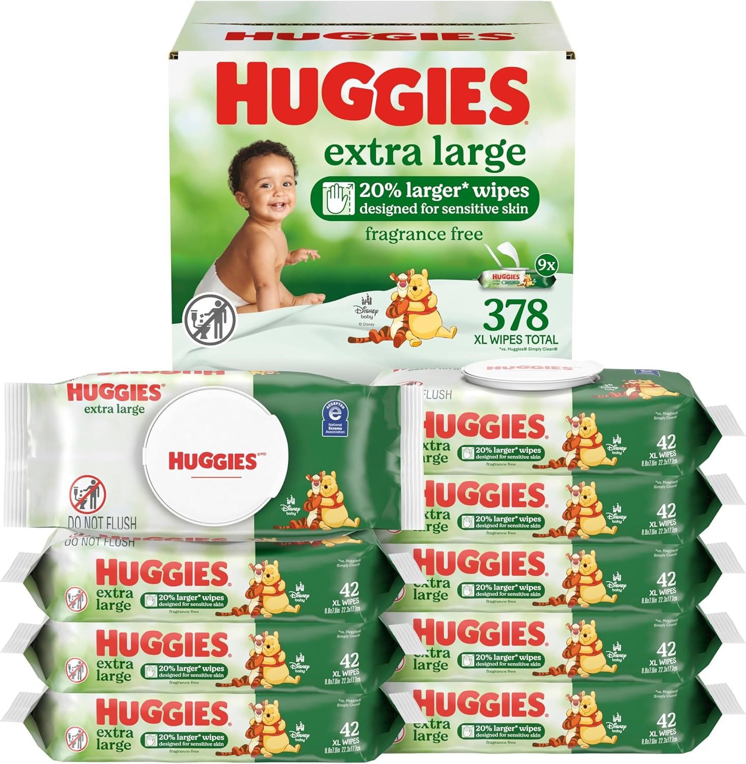 Huggies Extra Large Baby Wipes, Unscented, 9 Flip-Top Packs, 378 XL Wipes Total, Packaging May Vary