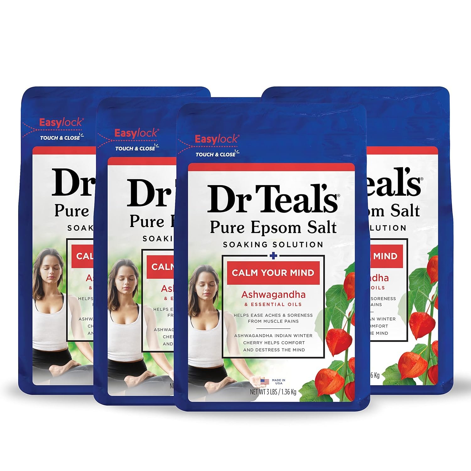 Dr Teal’s Pure Epsom Salt, Ashwagandha & Essential Oils, 3 lbs (Pack of 4)