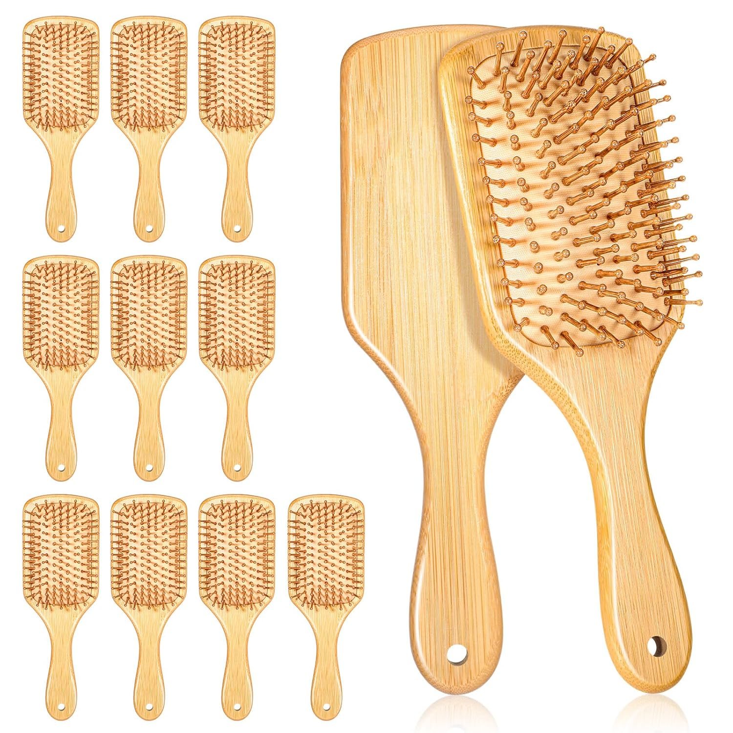 12 Pcs Bamboo Hair Brush Bulk, Natural Wooden Paddle Brush Scalp Massage, Anti-Static Wooden Paddle Brushes with Ergonomic Handle and Bamboo Bristles for Women/Men/Kids(9.65” X 3.35”, Natural)
