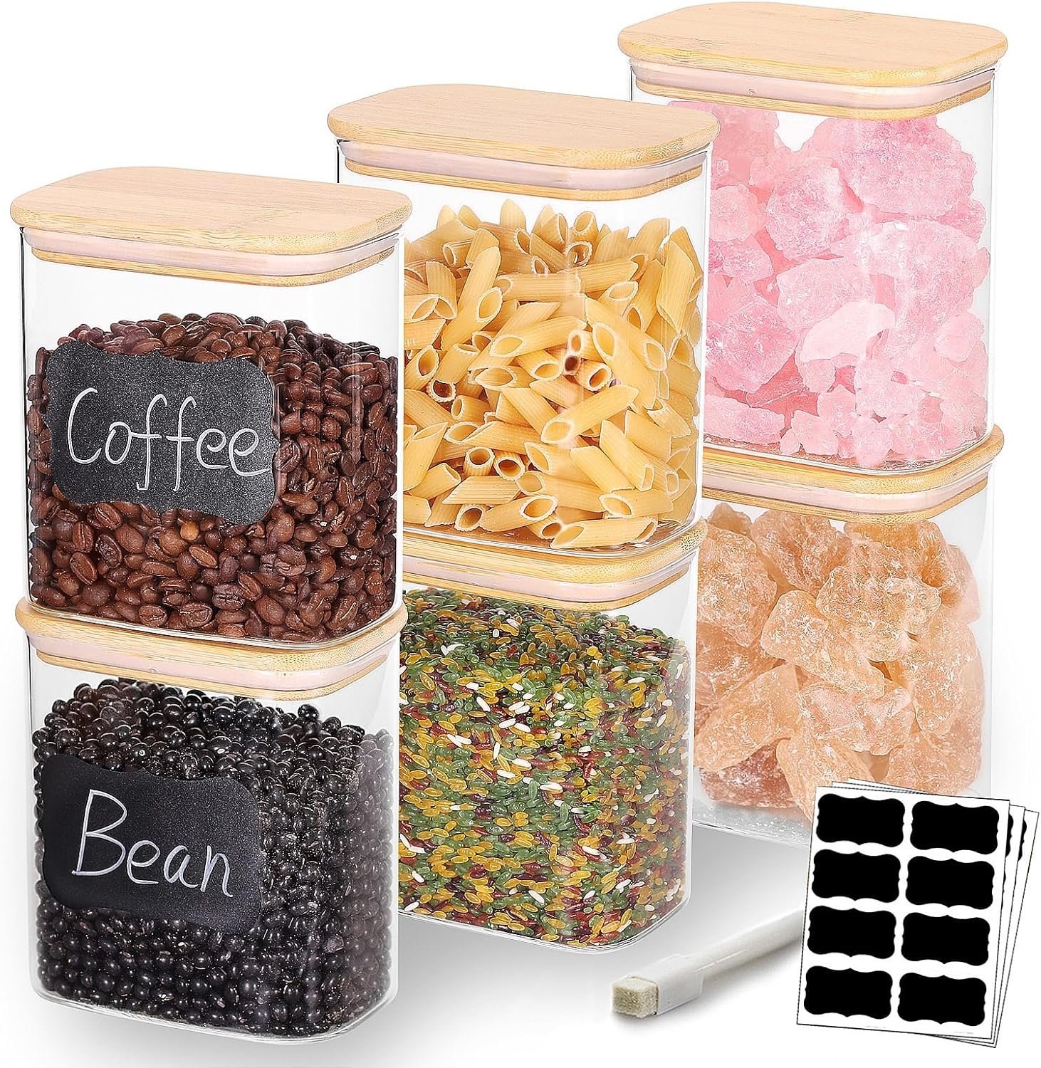 33OZ Airtight Glass Food Storage Containers with Lids – Set of 6 for Pantry, Cereal, Flour & Rice Dispensing – Rectangle Shapes with Bamboo Lids – Ideal for Kitchen Organization & Meal Prep