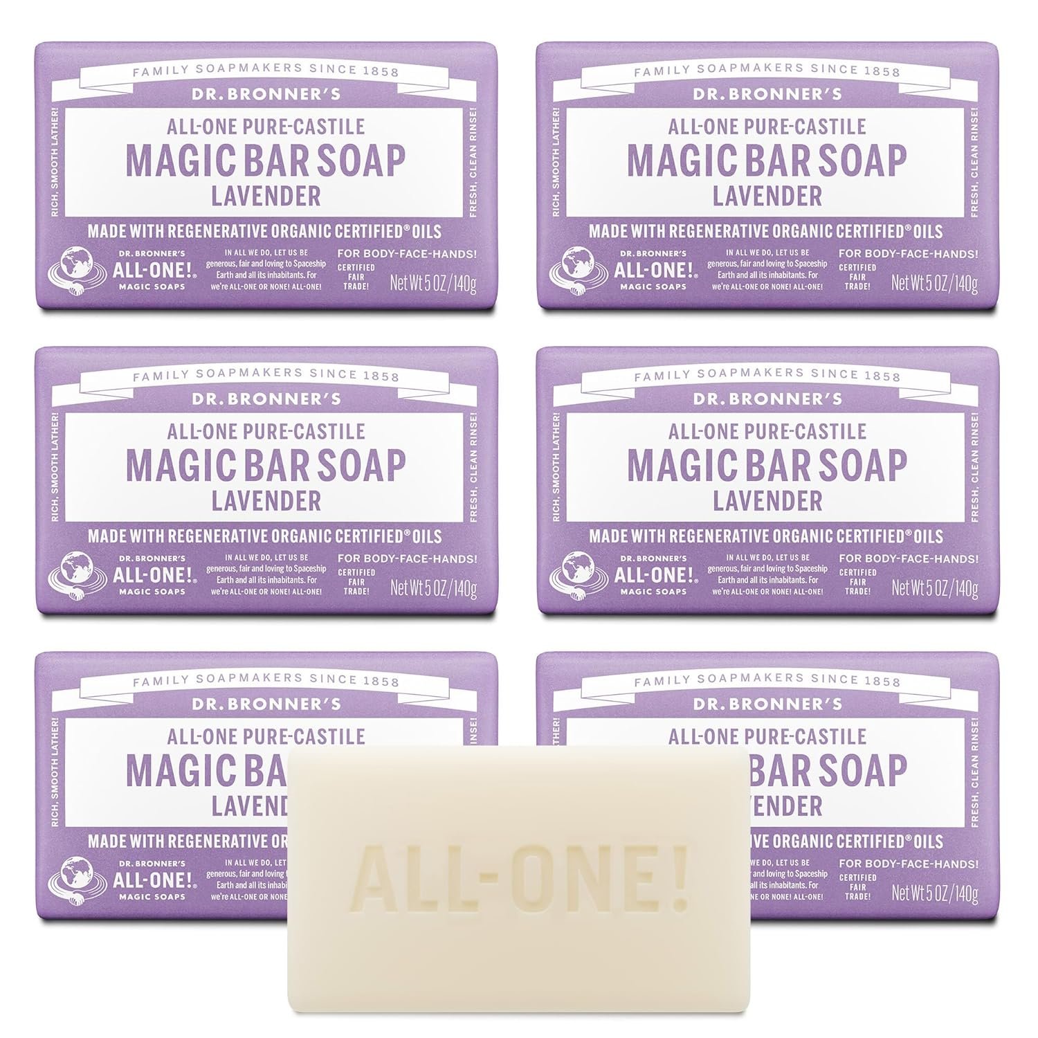 Dr. Bronner’s Pure-Castile Magic Soap Bars (Lavender, 5 oz, 6-Pack)- Bath Soap with Regenerative Organic Certified Oils- For Face, Body & Hair – Gentle, Biodegradable, Vegan- Bar Soaps for Men & Women