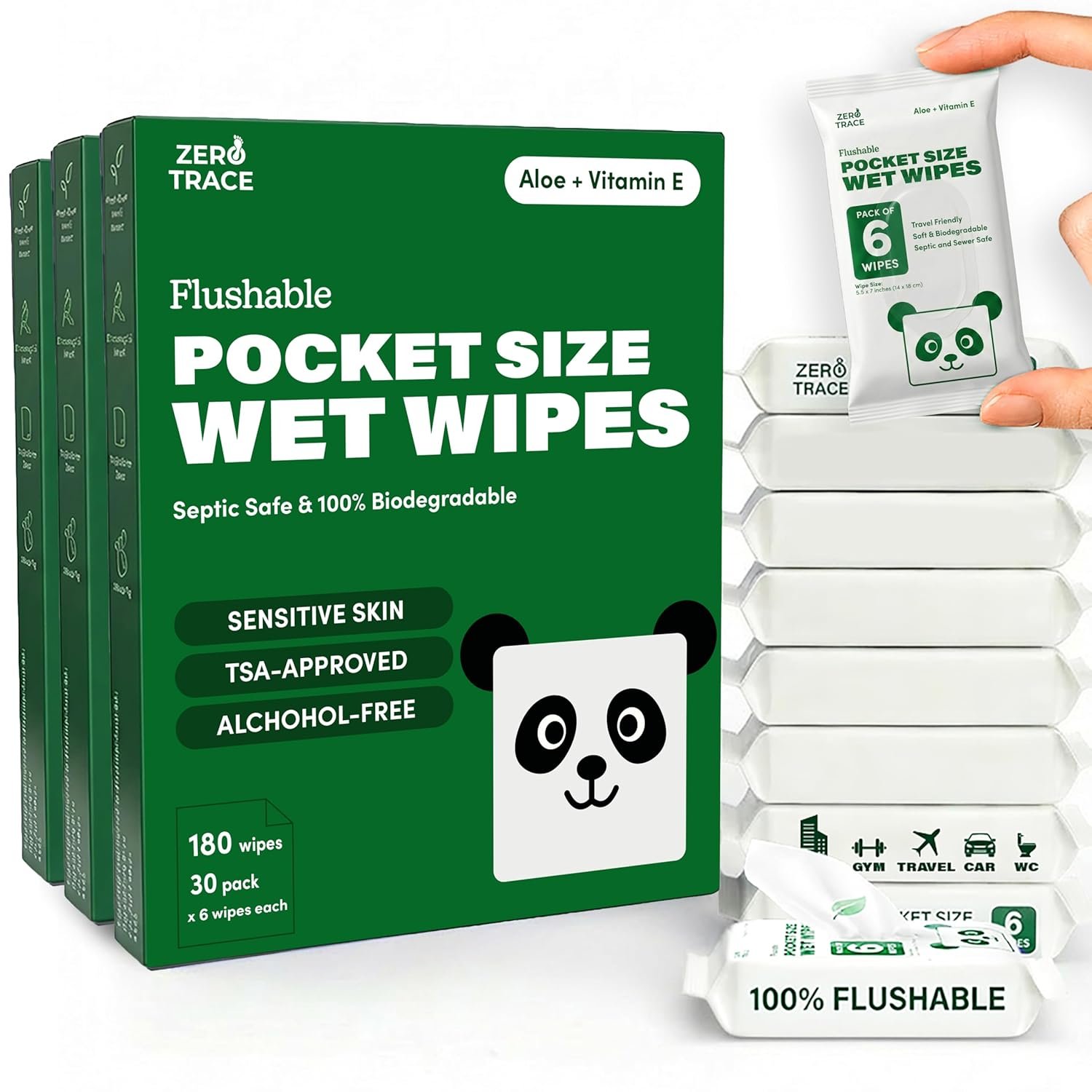 Zero Trace Flushable Wipes Pack Portable Travel Wipes with Aloe Pocket Size for Adults, Kids & Baby Care – 99.5% Water, Biodegradable, Safe for Sensitive Skin & Hypoallergenic 30 Packs × 6 (180 Total)