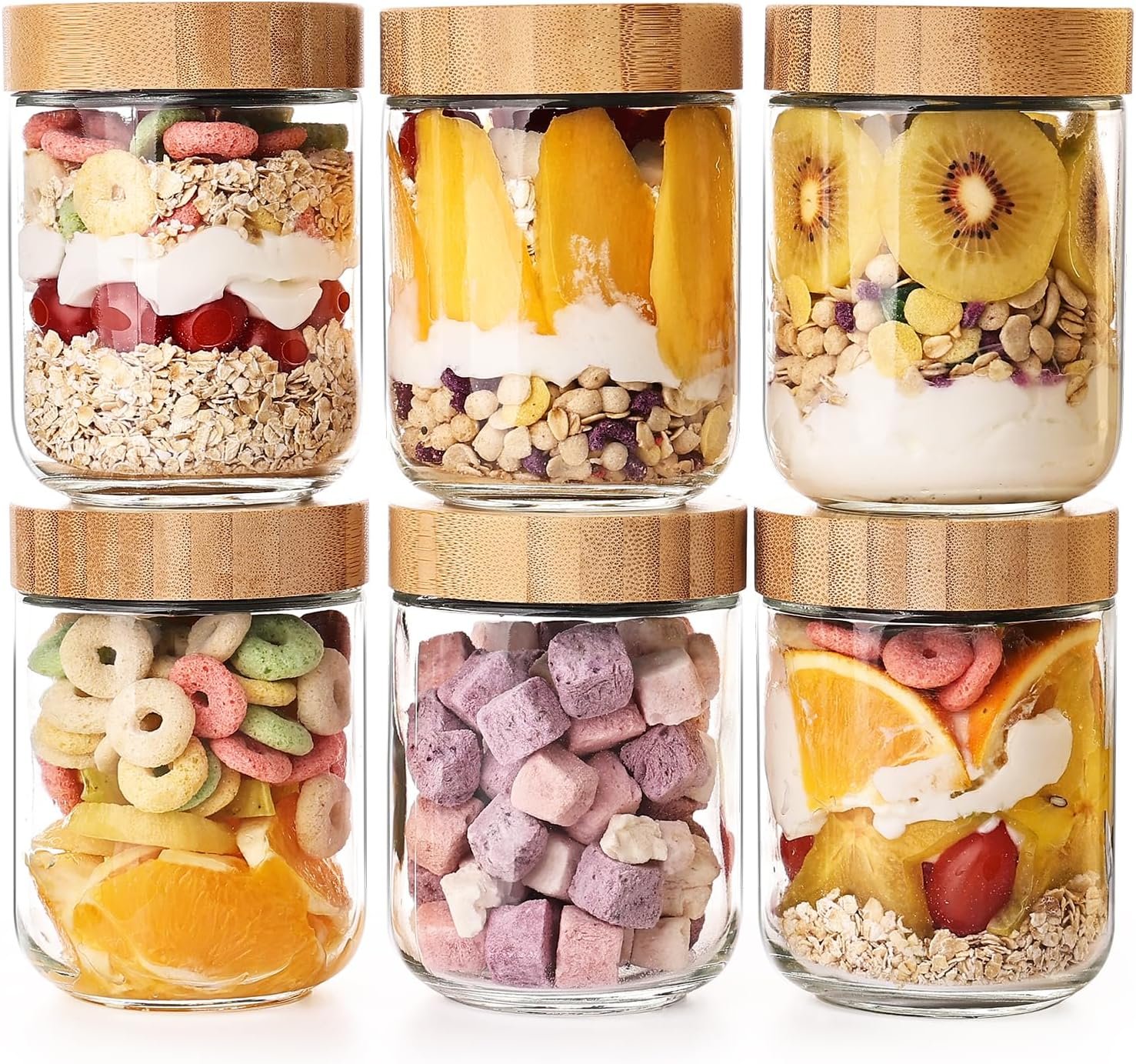 6 Pack 16oz Glass Overnight Oats Jars – Airtight Containers with Bamboo Lids, Wide Mouth Mason Jars for Salad, Yogurt, Snacks & Food Storage