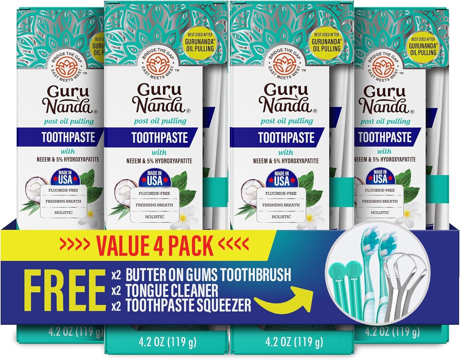 GuruNanda Hydroxyapatite Toothpaste, SLS & Fluoride Free (4 Pack), Whitening Toothpaste – Freshens Breath, Fights Plaque – with 2 Toothbrushes, 2 Tongue Scrapers & 2 Tube Squeezers