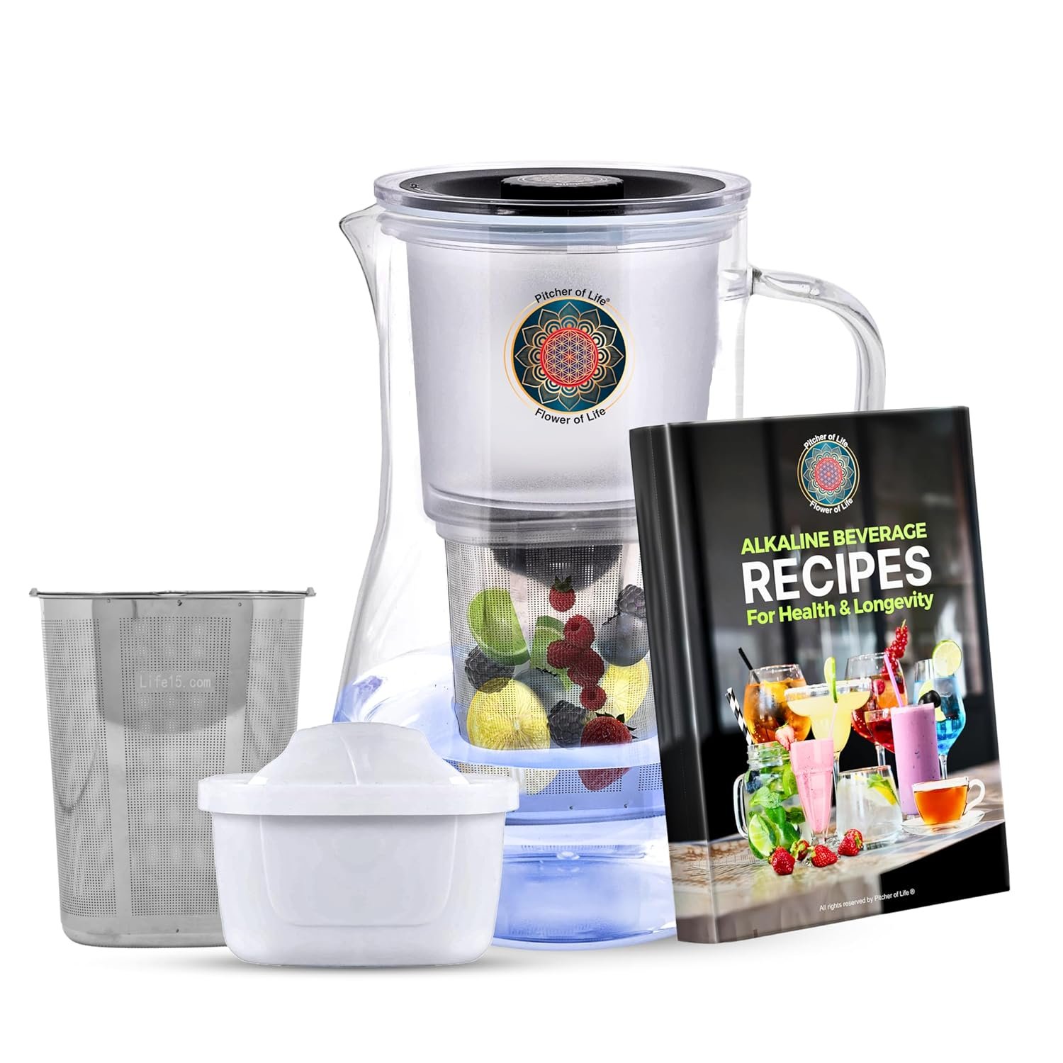 New Glass Pitcher of Life Alkaline Water Pitcher with Steel Infuser Premium Water Purifier & Alkalizer | Alkaline Beverages Recipes Book