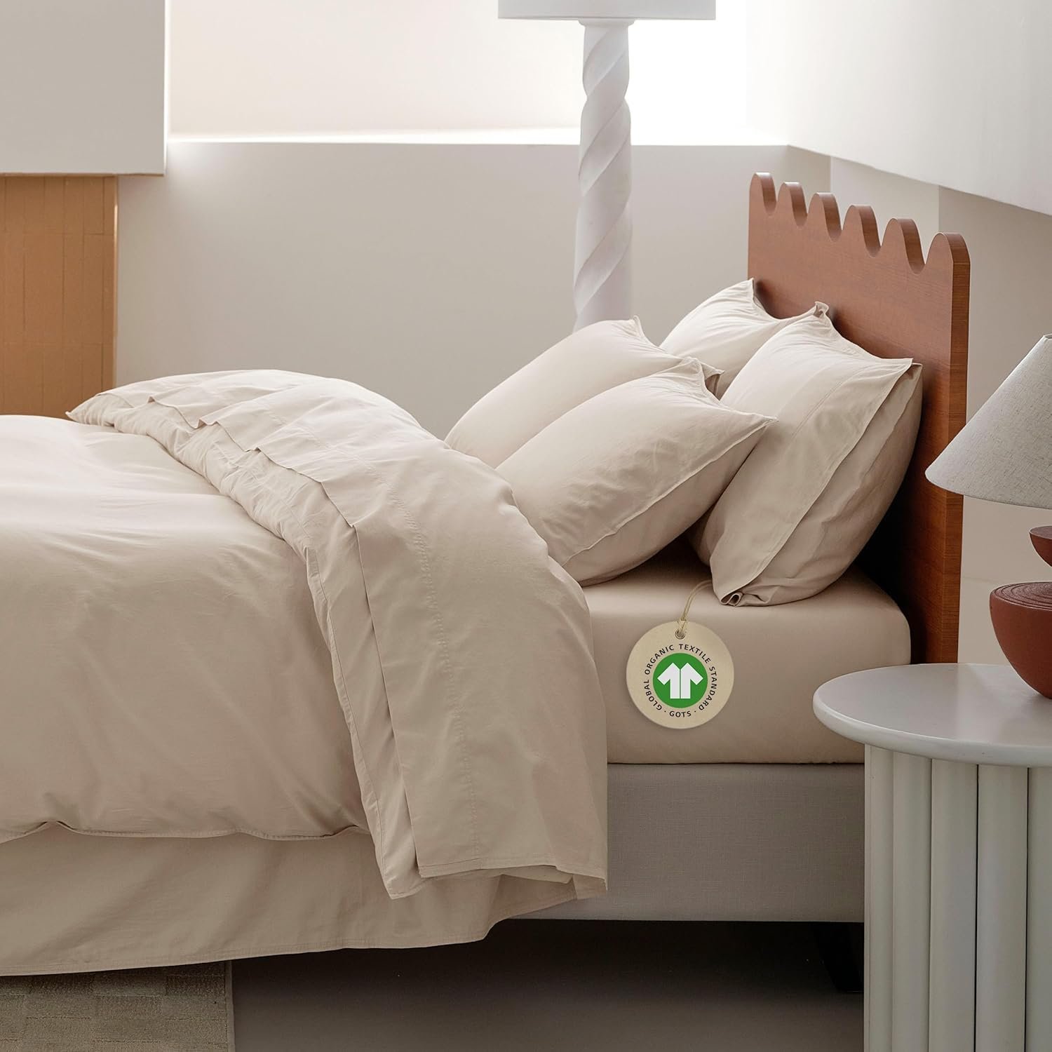 Double Stitch Organic Cotton Sheets King Size – Soft & Breathable Sheet Set 4 Piece，Luxury 300 TC Sateen Weave Bedding, 100% GOTS Certified Long Staple Cotton, Made in India, Beige