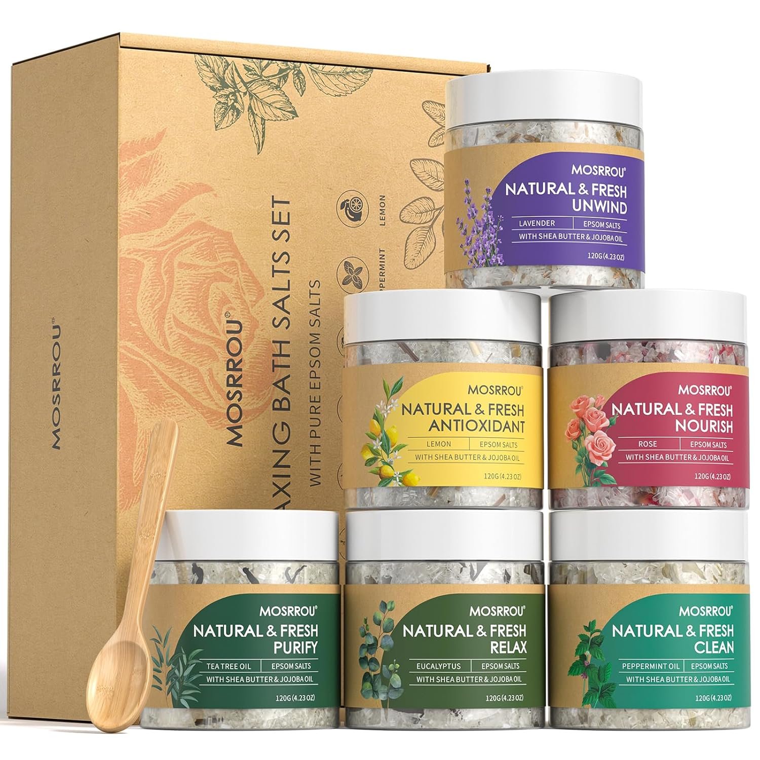 Epsom Bath Salts for Women Relaxing 6PCS Bath Salts Gift Set for Mom with Essential Oils for Bath Gifts on Birthday Mother’s Day Christmas Lavender Eucalyptus Rose Lemon Tea Tree Peppermint