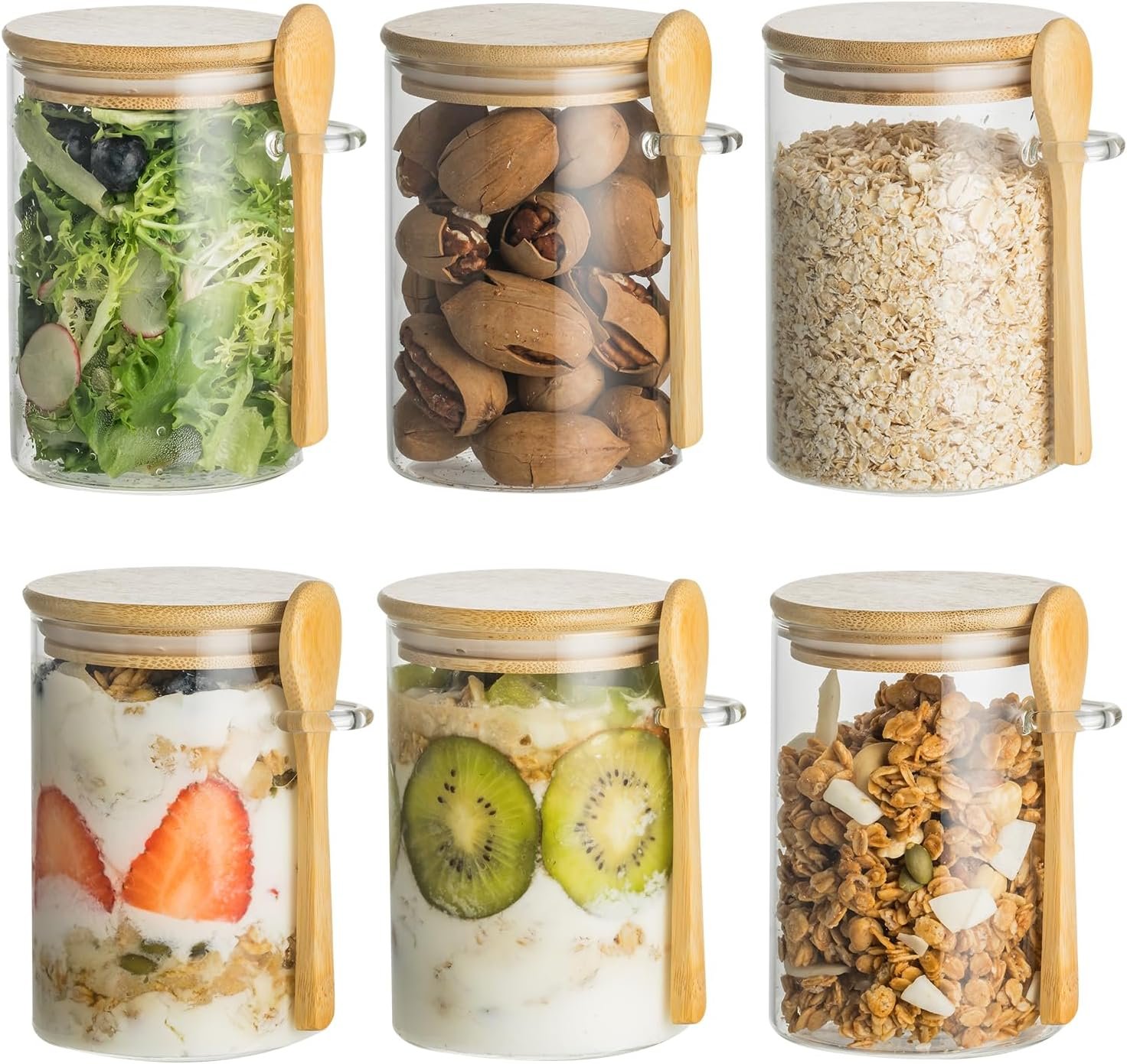 6 Pack 16oz Glass Jars with Bamboo Lids and Spoon,Overnight Oats Container,Round Glass Containers for Food,Oatmeal,Yogurt,Snack,Spice,Meal prep,Chia seed pudding and Salad Jar