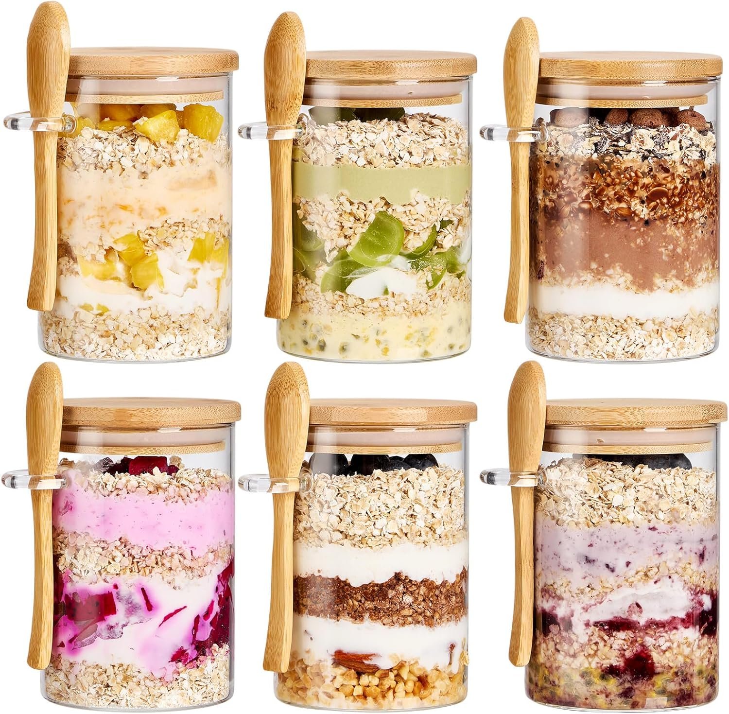 6 Pack Overnight Oats Containers with Bamboo Lids and Spoons – 22 oz Airtight Glass Jars with Lid, Meal Prep Jars for Chia Pudding, Yogurt, Salad, Cereal, Coffee, Flour | Food Storage Canister