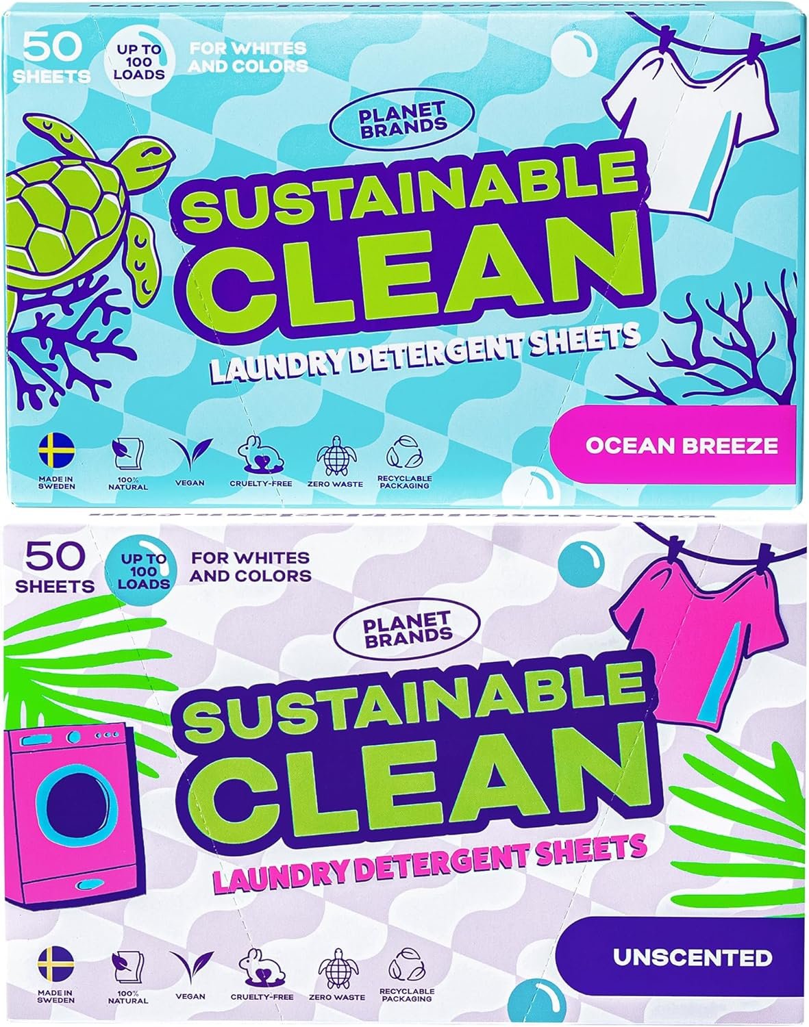 Sustainable Clean – Laundry Detergent Sheets – 2 Pack Bundle – 100 Sheets (Up to 200 loads) Liquid less Technology, No Harsh Chemicals, Plastic Free, Eco-Friendly. Made in Sweden.