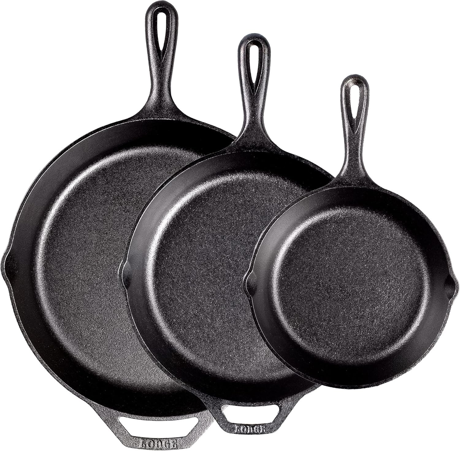 Lodge Seasoned Cast Iron Skillet Set – PFAS-Free, Non-Toxic Cookware – Use with an Oven, Stove, Grill, or Campfire – Naturally Non-Stick & Oven Safe – 8, 10.25 & 12 Inches