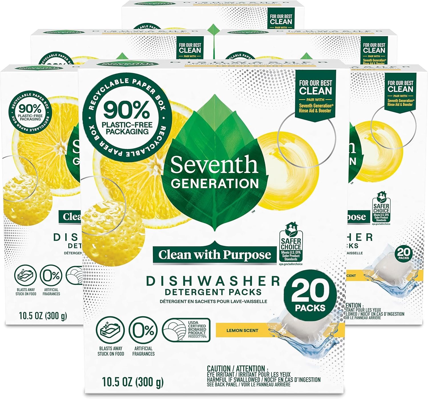 Seventh Generation Dishwasher Detergent Packs Lemon scent Pack of 6 for sparkling dishes Dishwasher tabs, 20 count