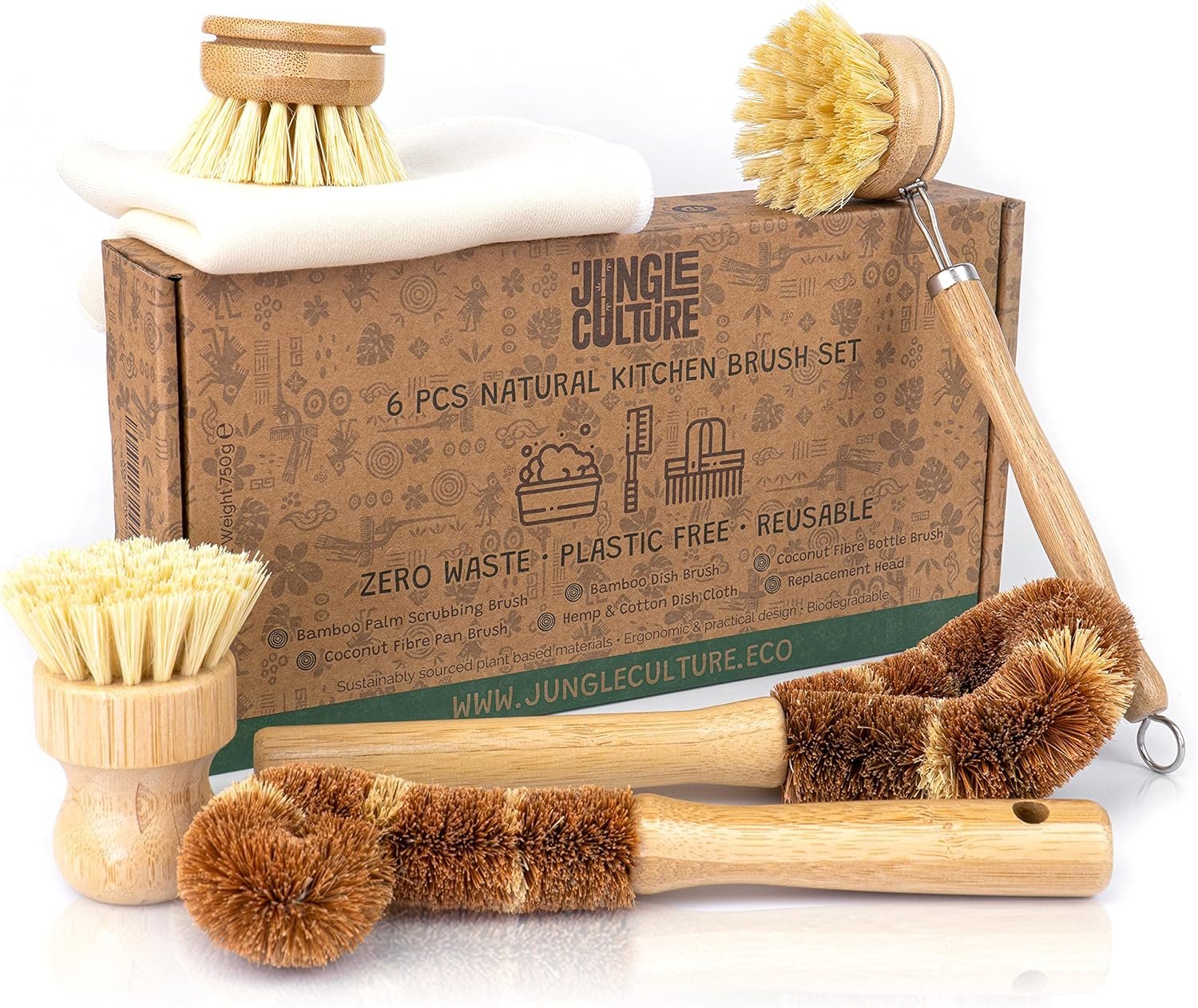 Jungle Culture® 6 Pack Bamboo Dish Brush Set for Washing Up • Natural Wooden Dish Brushes for Pans & Dishes • Eco Friendly Dish Scrubber for Bottles, Pots & Vegetables • Non Toxic & Plastic Free