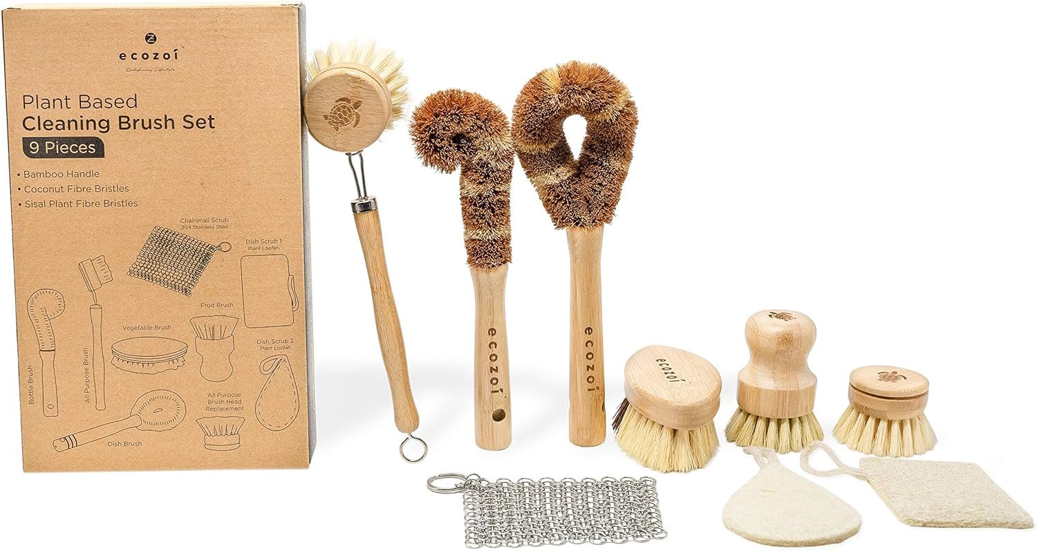 ecozoi Bamboo Dish Brush Set – 9 Piece Wooden Dish Brush for Dishes, Pots, Pans & Bottles – Eco Friendly Cleaning Set with Coconut & Sisal Bristles – Plastic-Free, Durable & Sustainable Kitchen Tools