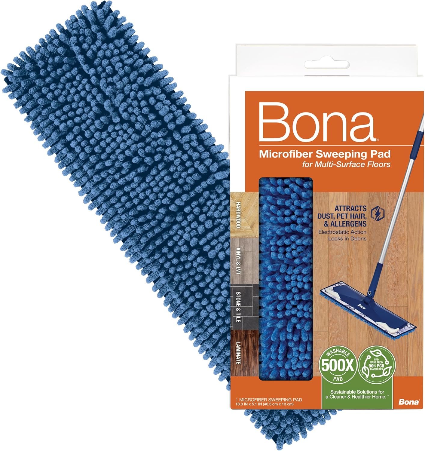 Bona Microfiber Sweeping Pad for Multi-Surface Floors – For Use With Bona Mops – Attracts, Picks Up Pet Hair, Fur, and Dander – Wood, Stone, Tile, Laminate, and Vinyl Floors