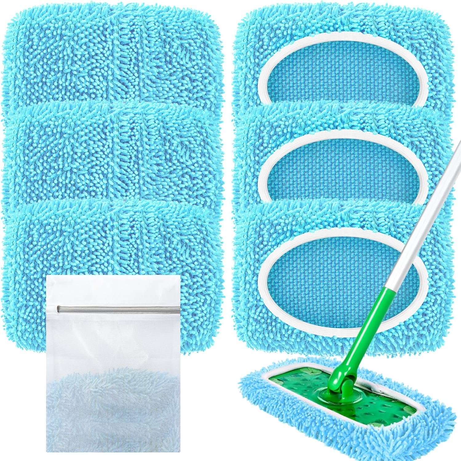 Reusable Mop Pads Compatible with Swiffer Sweeper Mop, Washable Wet Pads Refill & Chenille Dry Sweeping Cloths, Microfiber Mop Pads for Use on All Sealed Floors – Wood, Laminate, Stone & Tile (6 Blue)