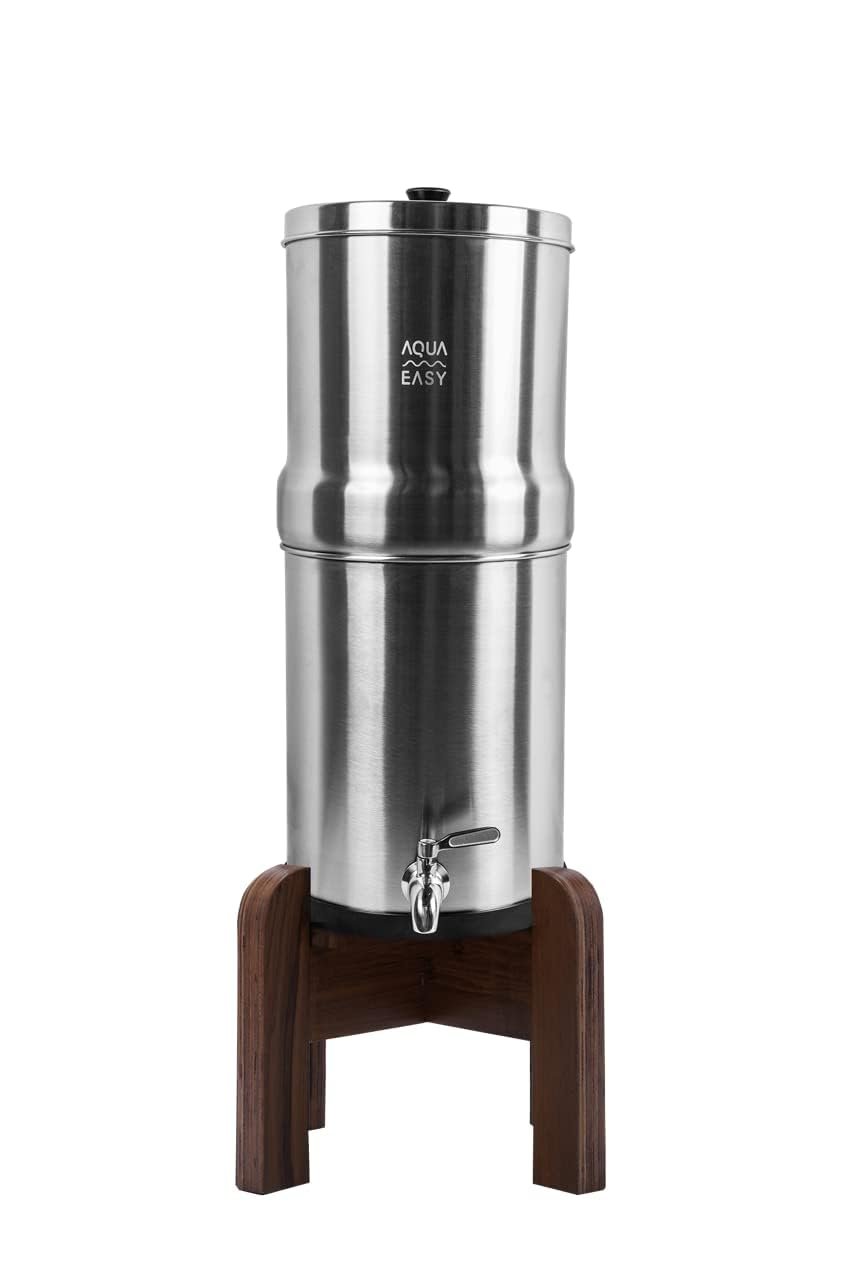 AquaEasy NSF/ANSI 372 Certified Stainless Steel Gravity Water Filter System (2.25 Gallon) 2X Activated Carbon Filter, Stainless Steel Tap and Wooden Stand | Countertop Water Filtration System (Matte)
