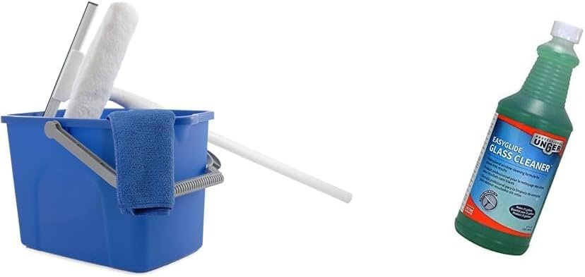 UNGER Window Washing Starter Kit with 2-in-1 10″ Microfiber Combi, 3 ft Pole, Cloth, and Bucket + 32 oz Streak-Free EasyGlide Glass Cleaner Concentrate