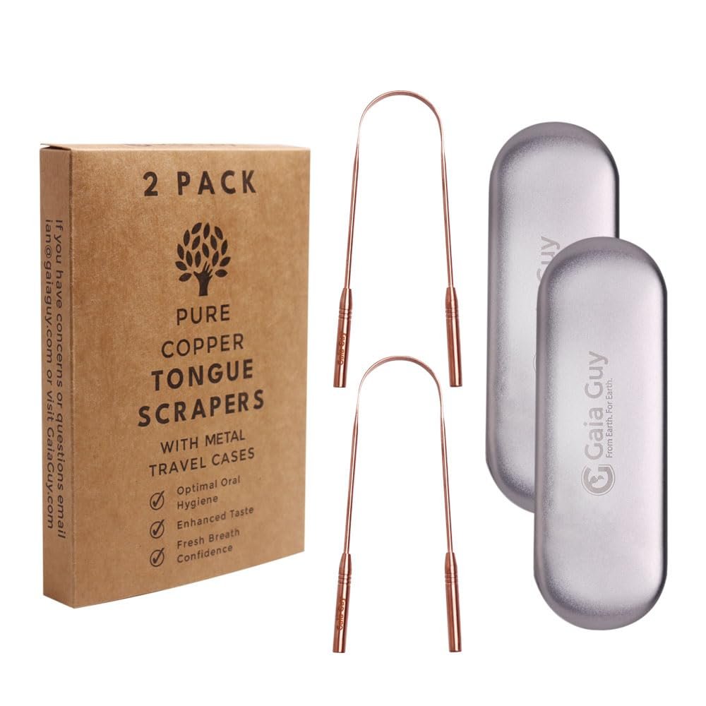 Gaia Guy Copper Tongue Scraper with Metal Case – 2 Pack – Plastic Free Tongue Scrapers for Adults, Tongue Cleaner for Oral Care & Hygiene