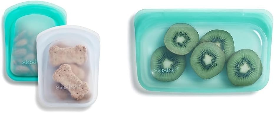 Stasher Reusable Silicone Storage Bags, Food Storage Containers, Microwave and Dishwasher Safe, Leak-free, Pocket 2-Pack + Snack (Aqua)